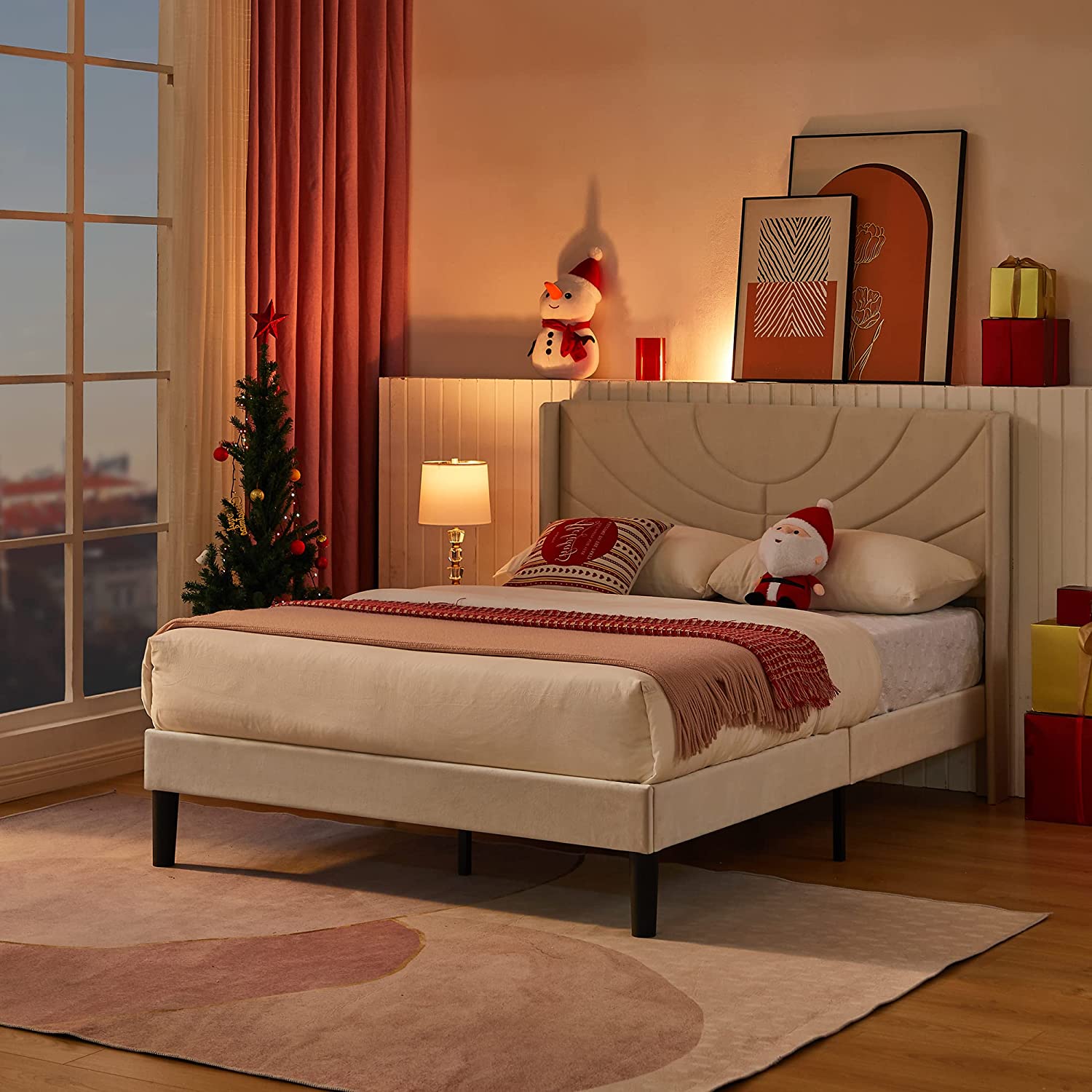 VECELO Upholstered Platform Bed Frame with Adjustable Fabric Headboard - VECELO