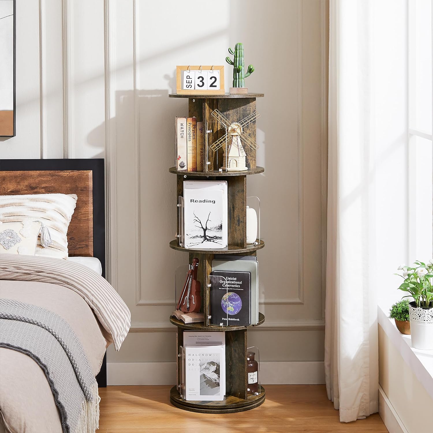 VECELO Rotating Bookshelf with Acrylic Display Window Partition - VECELO