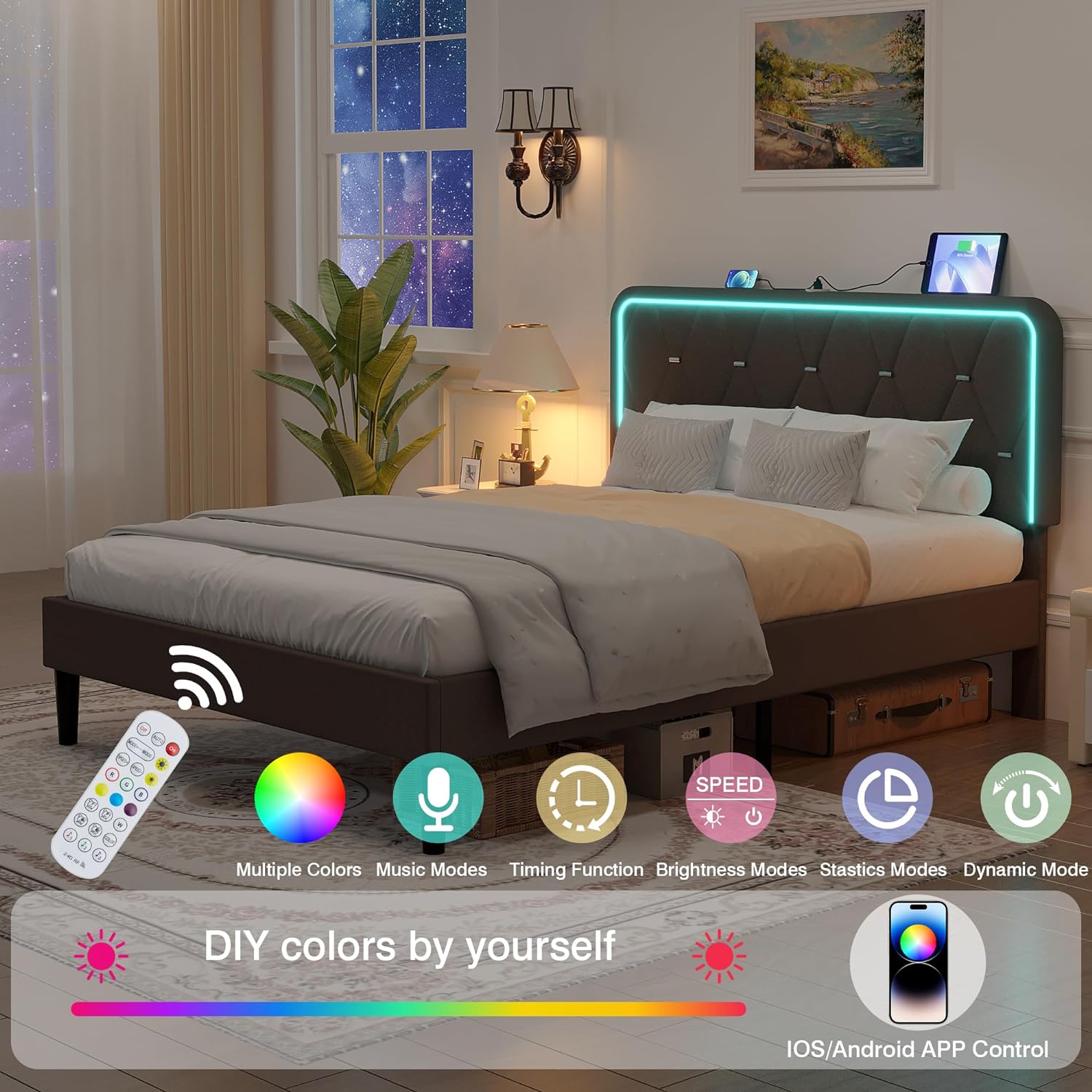 VECELO Upholstered Bed Frame with LED Lights, Charging Station, Velvet Platform Bed - VECELO