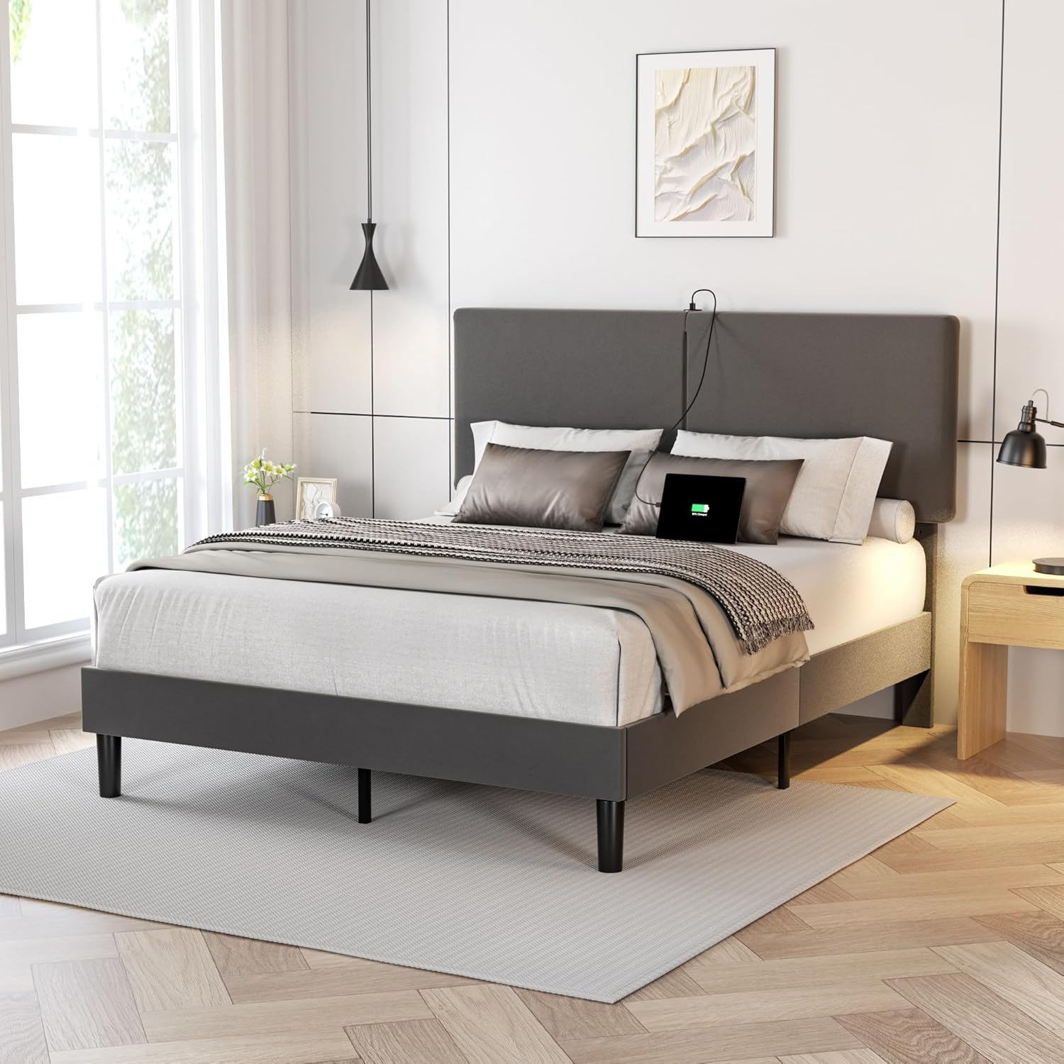 VECELO Twin/Full/Queen Bed Frame Upholstered Platform with Type-C & USB Ports Height-Adjustable Cotton and Linen Headboard - VECELO