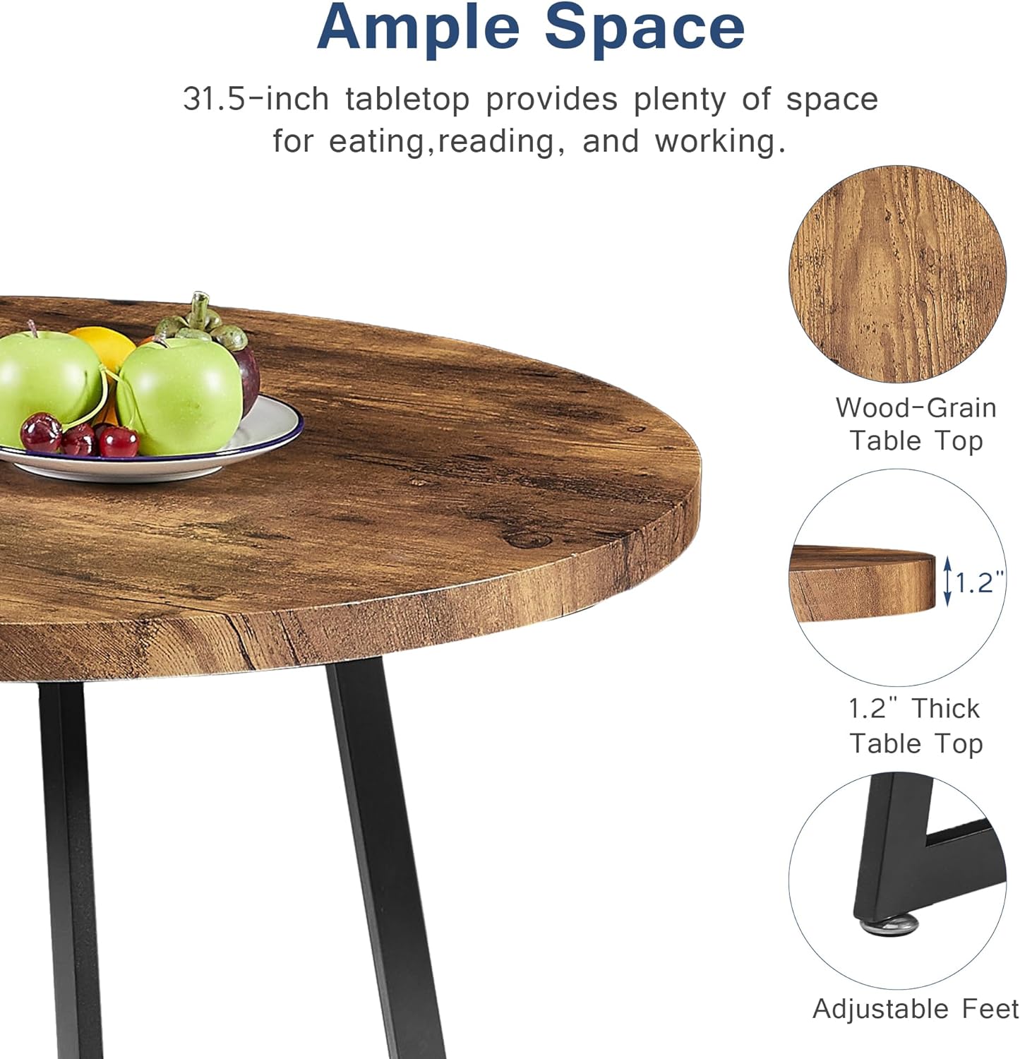 VECELO Round Dining Room Table with Wood Grain Tabletop and Steel Frame - VECELO