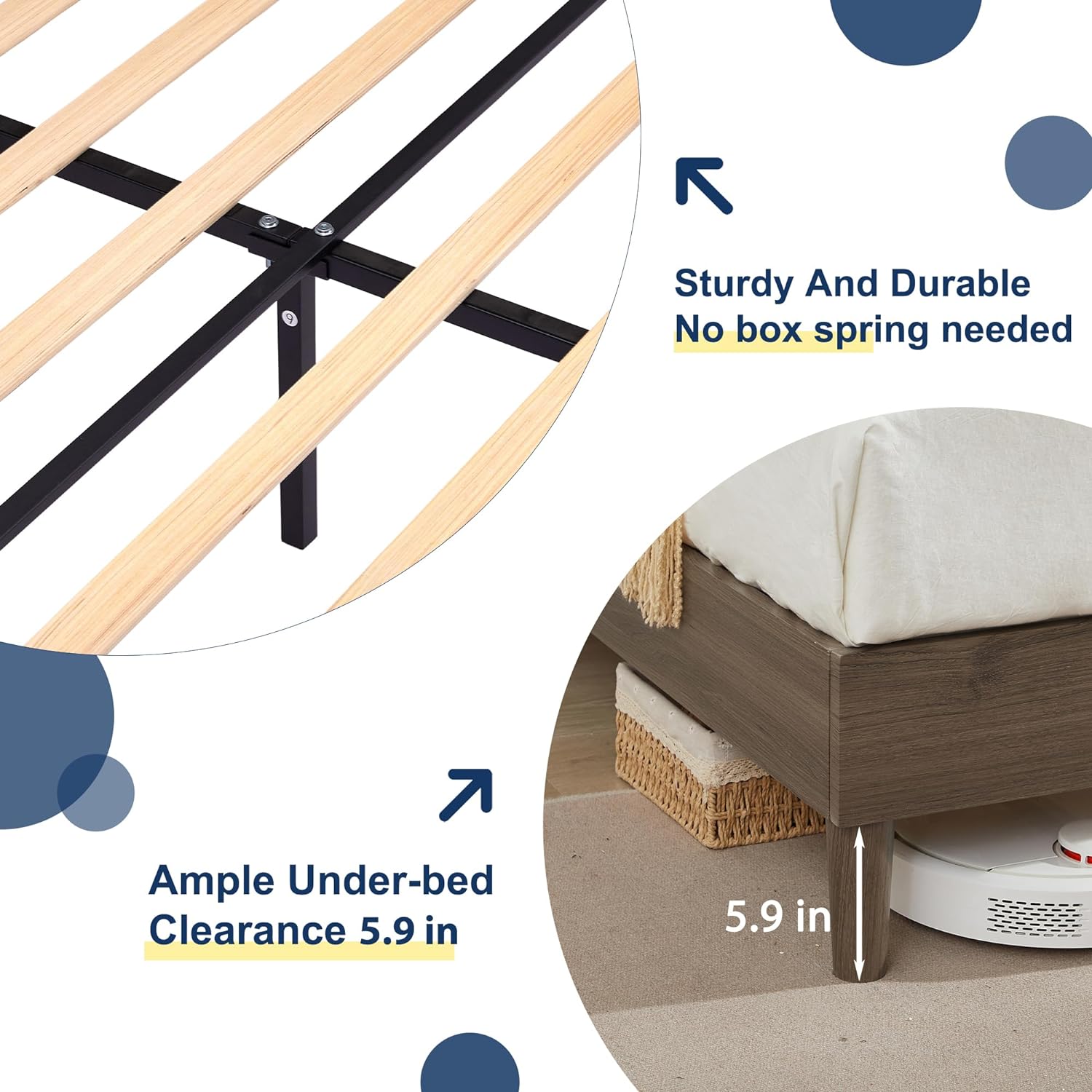 VECELO Upholstered Platform Bed Frame with Height-Adjustable Cotton and Linen Headboard - VECELO