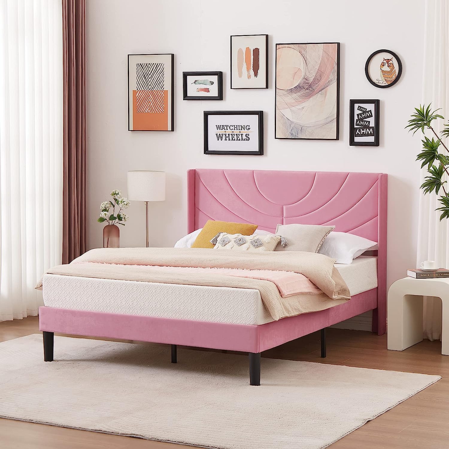 VECELO Upholstered Platform Bed Frame with Adjustable Fabric Headboard - VECELO