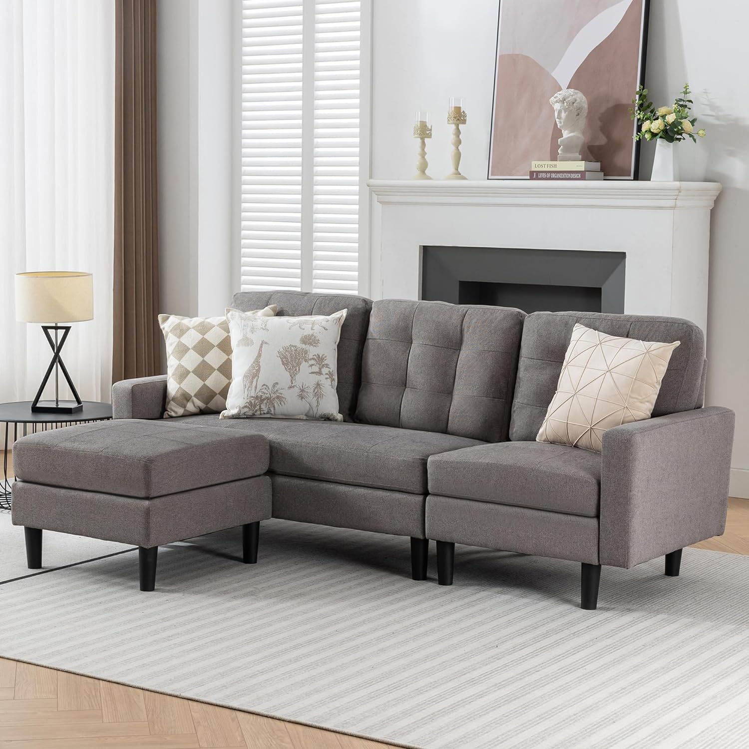 VECELO Convertible Sectional Sofa Modern Linen Fabric L-Shaped Couch with Reversible Chaise - VECELO