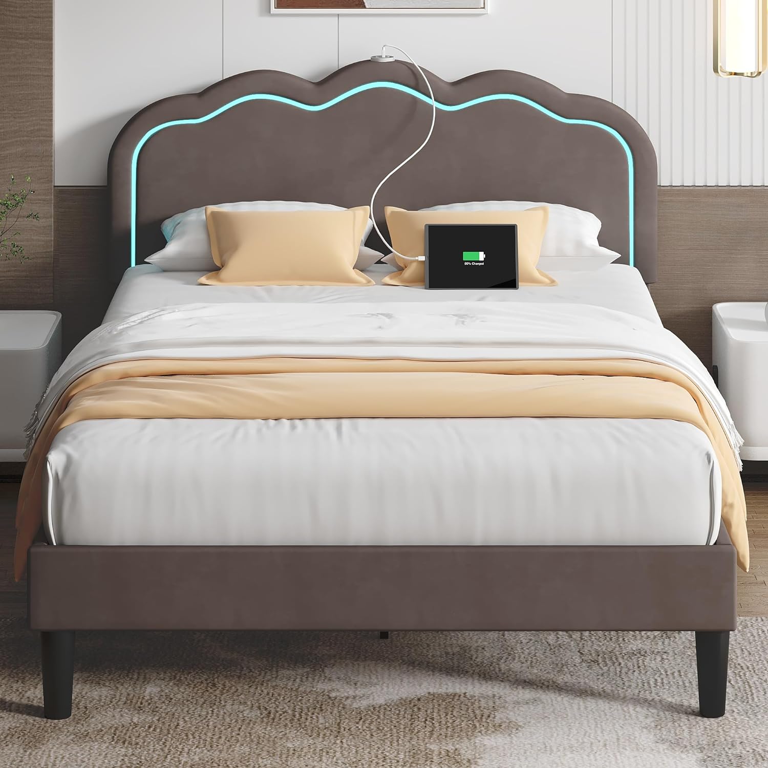 VECELO Upholstered Velvet Platform Bed Frame with Headboard Adjustable, LED Lights, USB-A & Type-C - VECELO