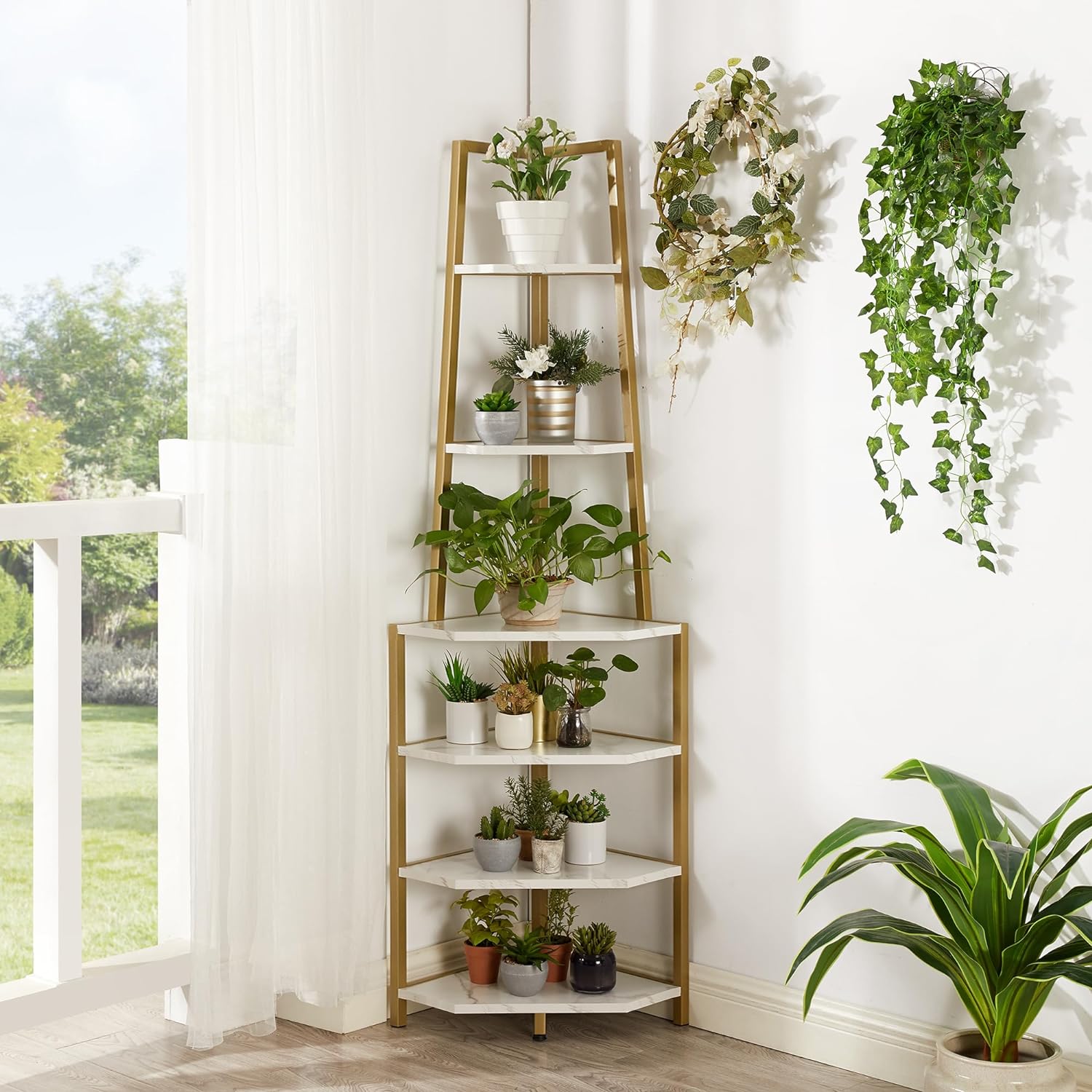 VECELO 6 Tier Corner Shelf, 69 Inch Industrial Bookshelf/Storage Stand with Metal Frame - VECELO