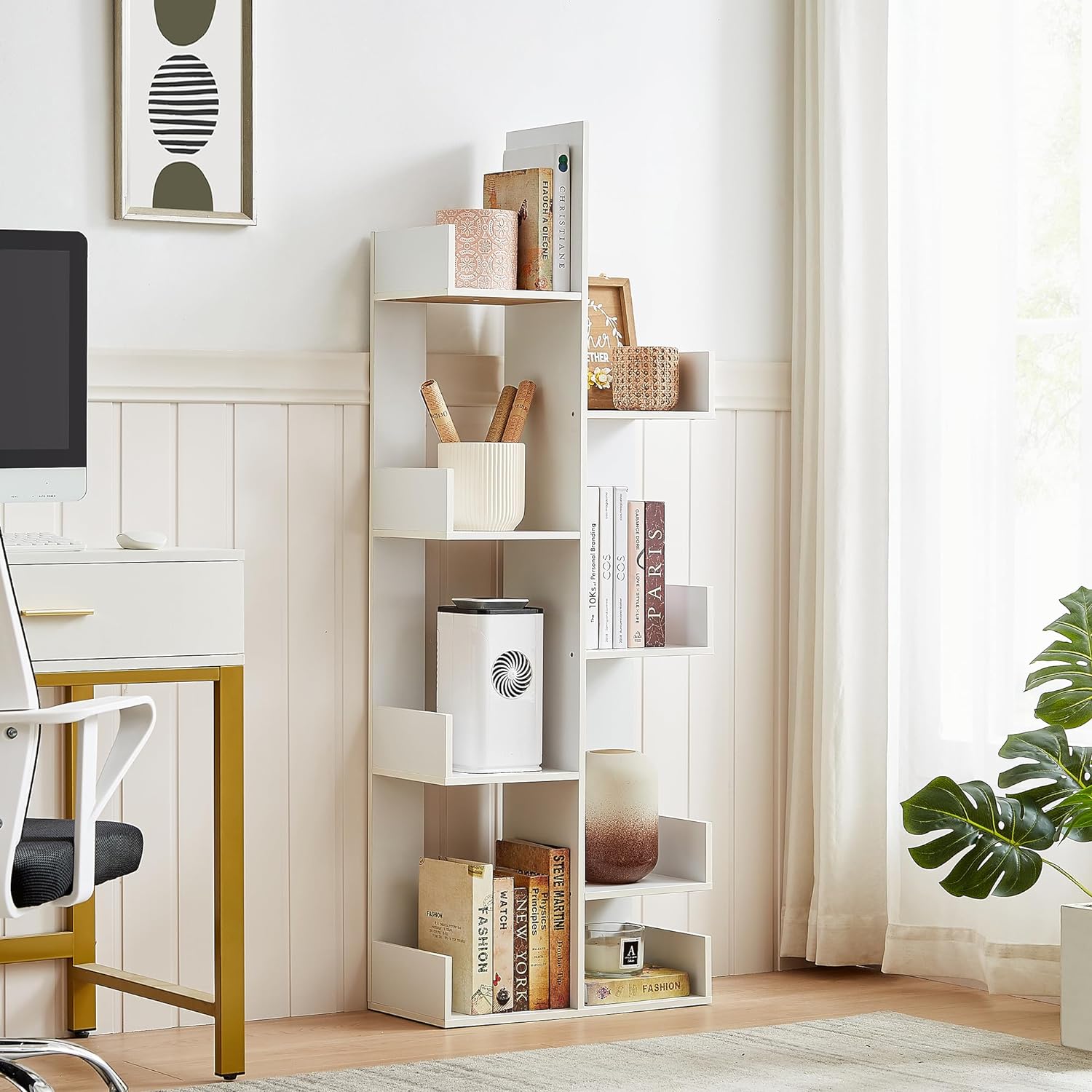 VECELO Tree Bookshelf, Geometric 8 Shelf Tree Bookcase Wood Bookshelves Display - VECELO