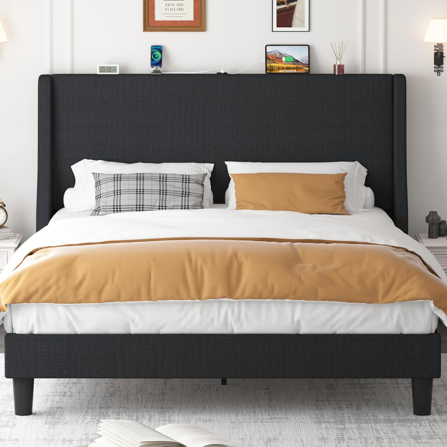VECELO Bed Frame with Upholstered Wingback Headboard - VECELO