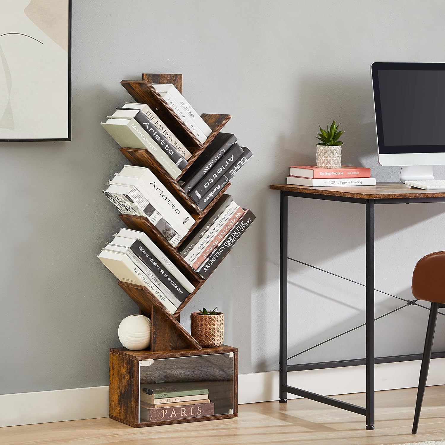 VECELO Tree Bookshelf, 7-Tier Tree Bookcase Wood Shelves Display with Storage Cabinet - VECELO