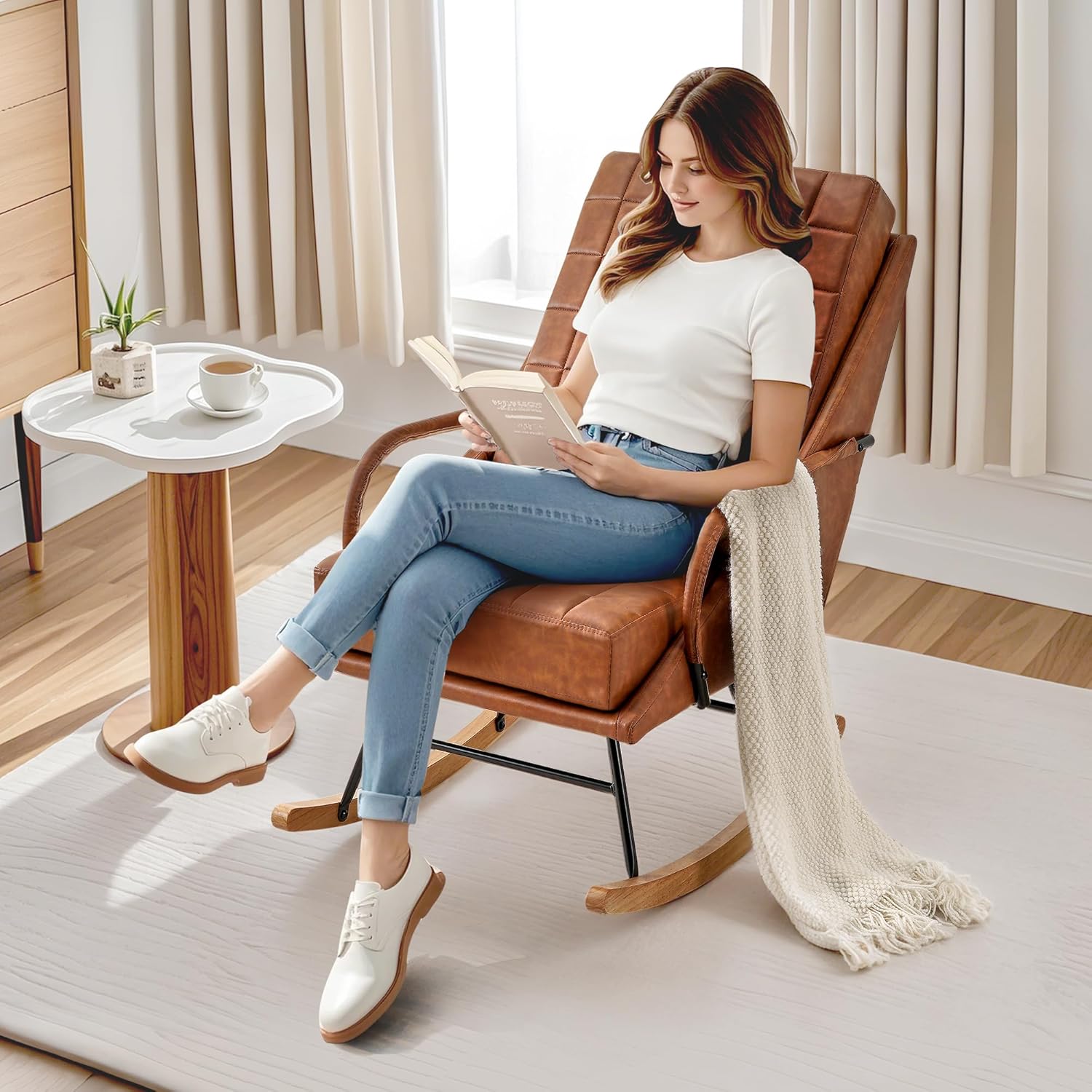 VECELO Rocking Chair Nursery Leather Glider Rocker with High Backrest - VECELO