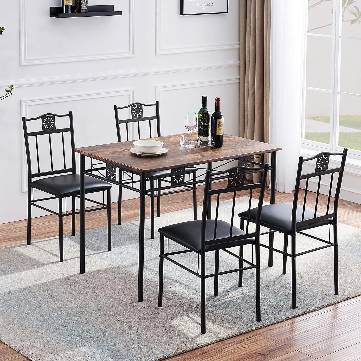 VECELO 5 Piece Dining Table Set with 4 Chairs Metal and Wood Rectangular Table - VECELO