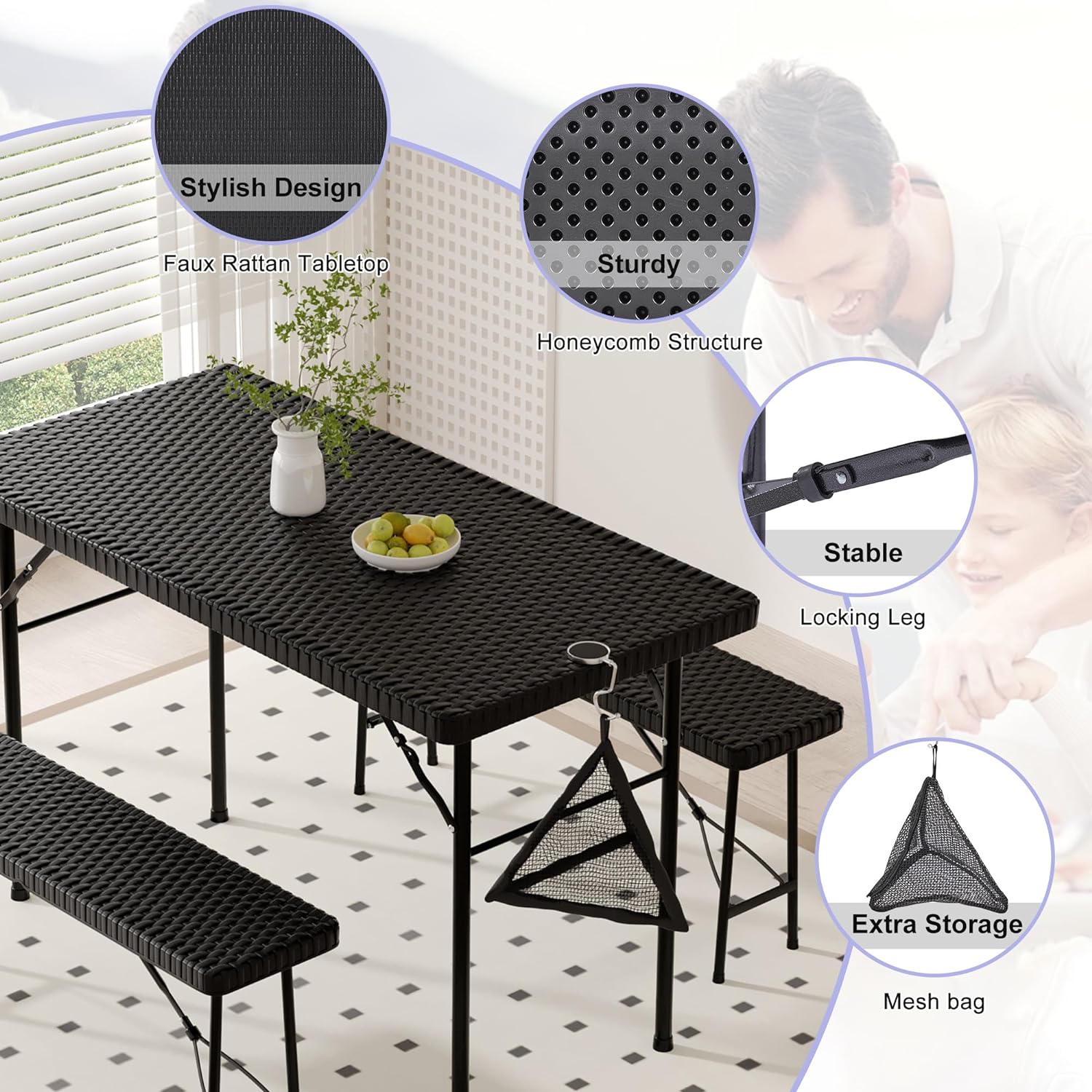 VECELO Dining Set for 4, Faux Rattan Folding Table with 2 Benches - VECELO