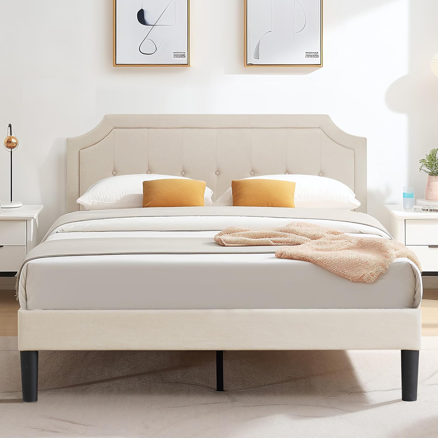 VECELO Premium Upholstered Platform Bed Diamond Stitched Panel Headboard - VECELO