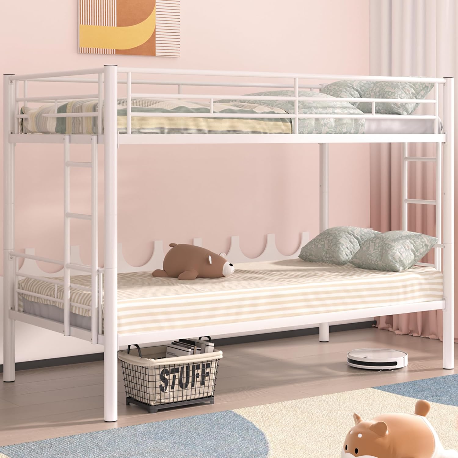 VECELO Metal Bunk Bed Twin Over Twin, Industrial Bunkbeds with Ladder and Full-Length Guardrail - VECELO