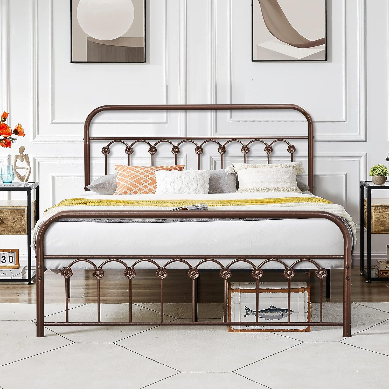 VECELO Metal Bed Frame/Mattress Foundation with Vintage Flower Headboard & Footboard - VECELO
