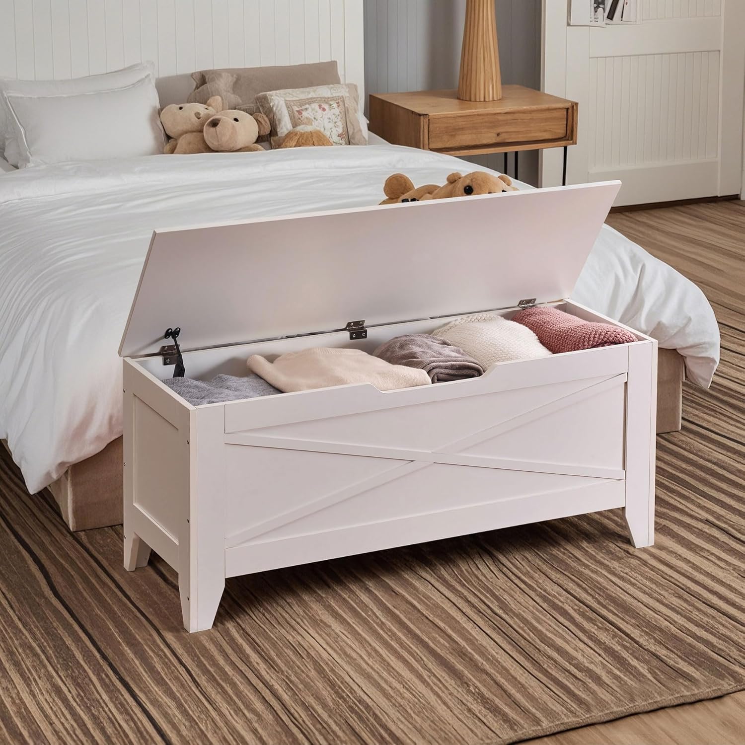 VECELO Storage Bench,43.3in Wooden Chest for Storage with Safety Hinges Wicker-Kont Mats - VECELO