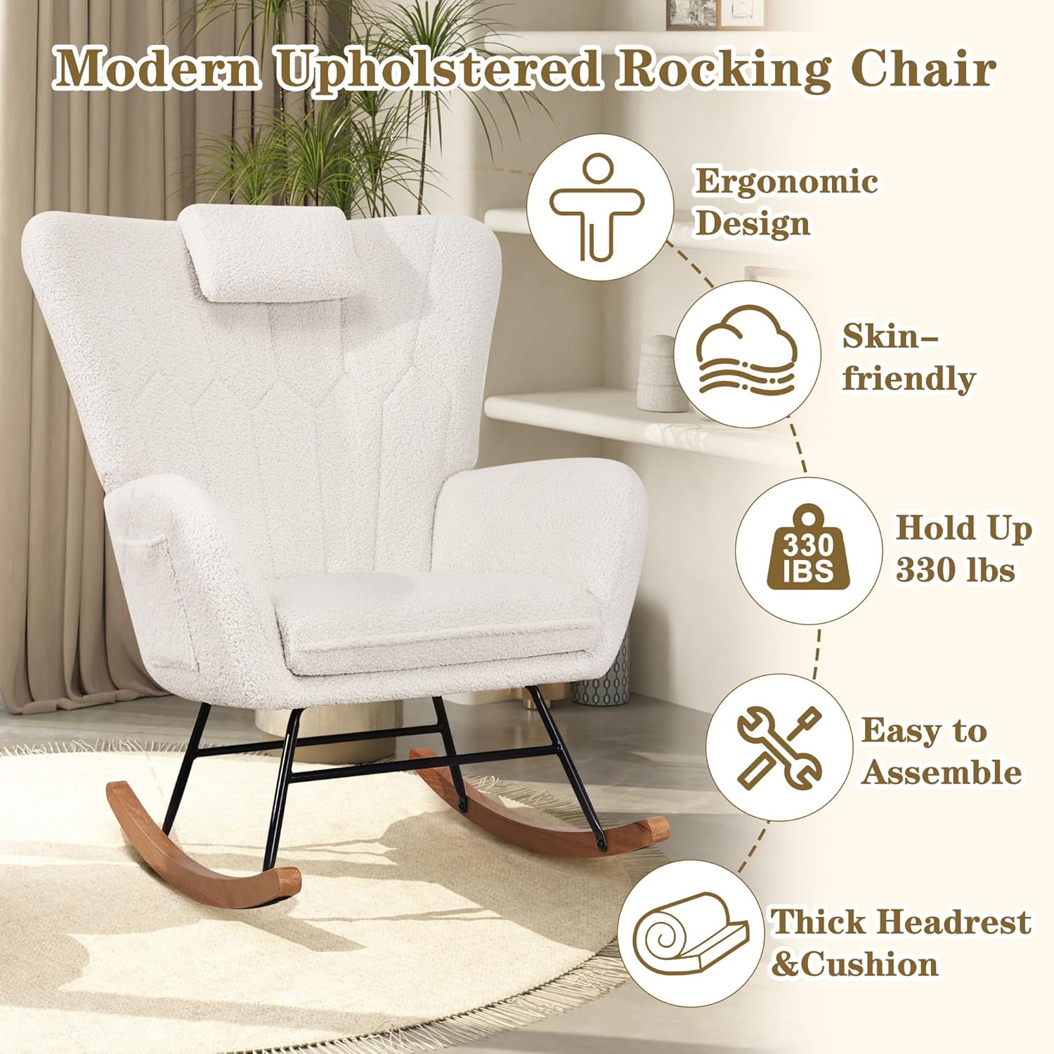 VECELO Rocking Chair Nursery with Thick Headrest, Modern Teddy Upholstered Reading Glider Rocker Accent Armchair with High Backrest - VECELO
