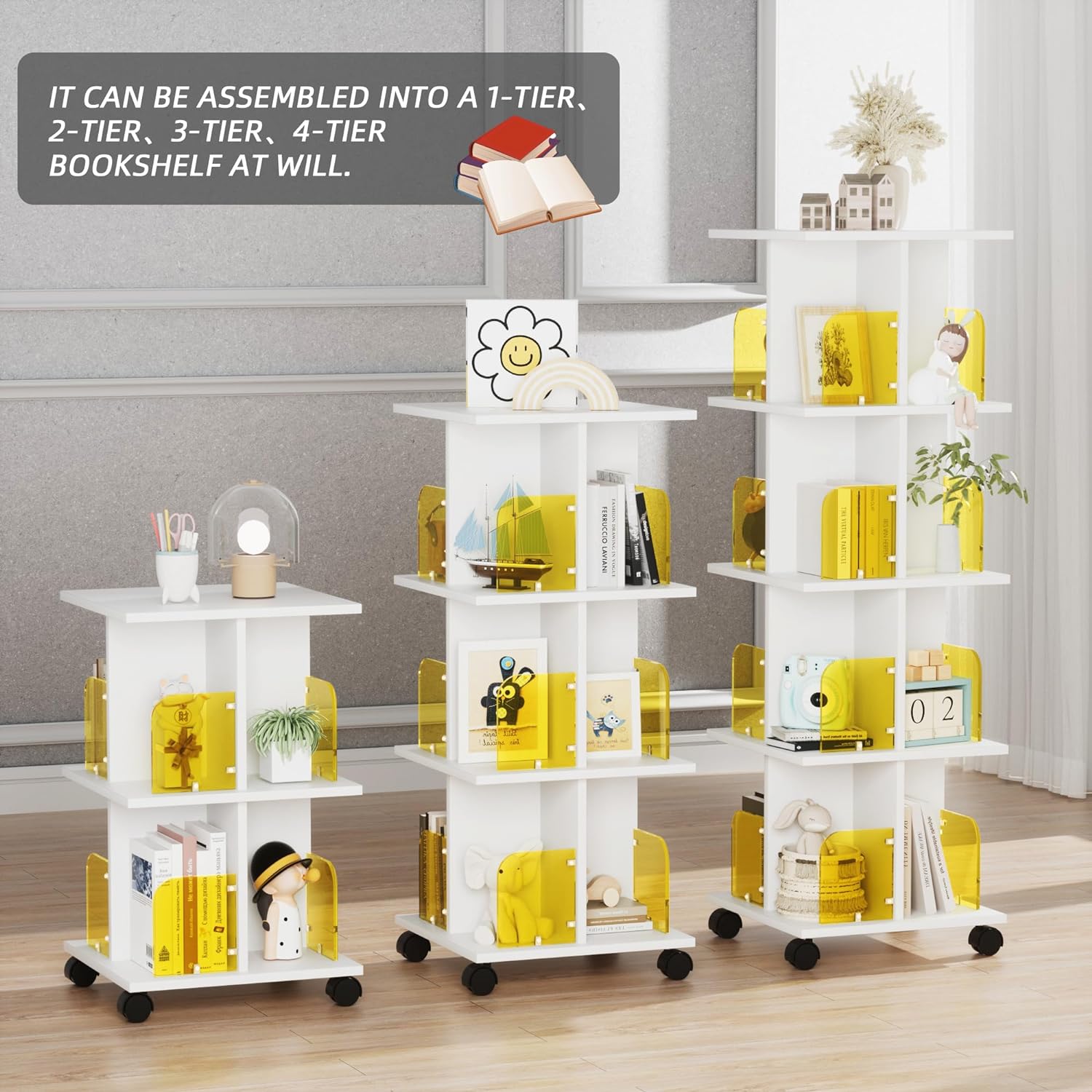 VECELO 4 Tier Rotating Bookshelf Tower,360° Corner Display Shelf with Wheels - VECELO