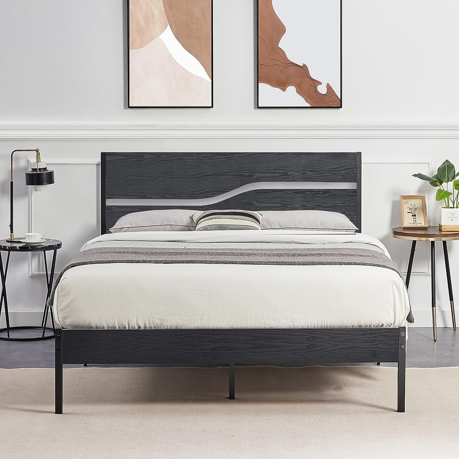 VECELO Platform Bed Frame/Mattress Foundation with Rustic Vintage Wood Headboard - VECELO