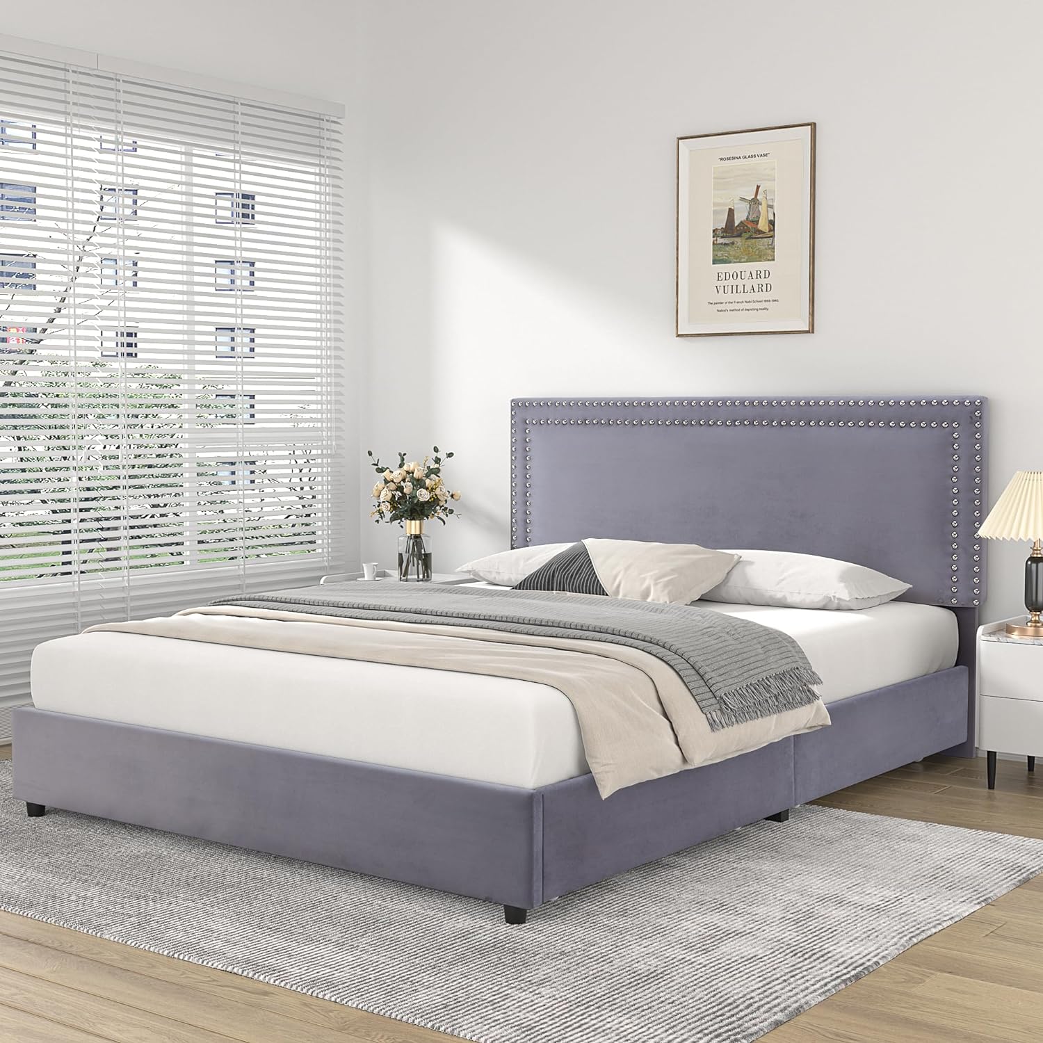VECELO Upholstered Platform Bed Frame Platform with 4 Storage Drawers - VECELO