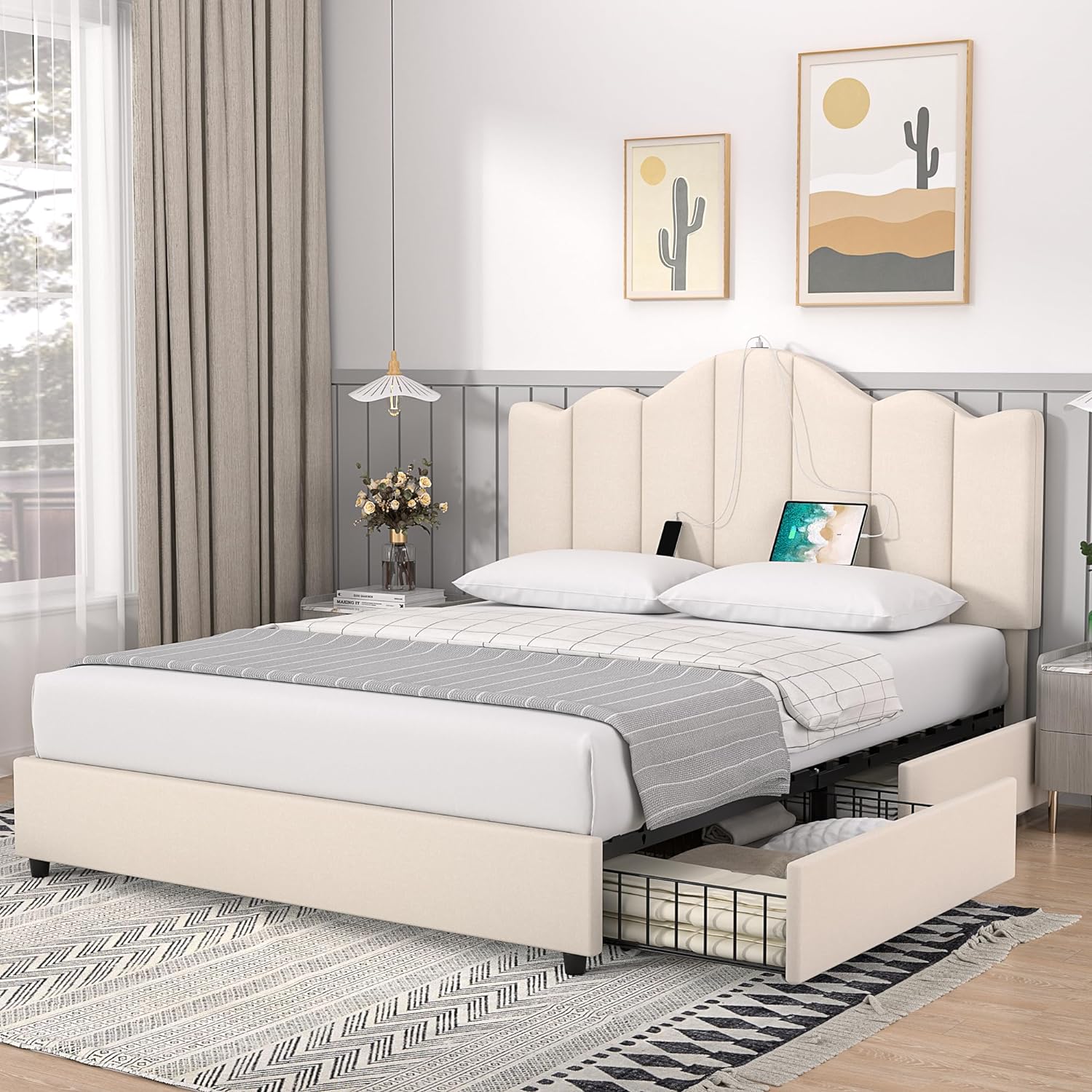 VECELO Upholstered Platform Bed Frame with Type-C & USB Charging Stations - VECELO