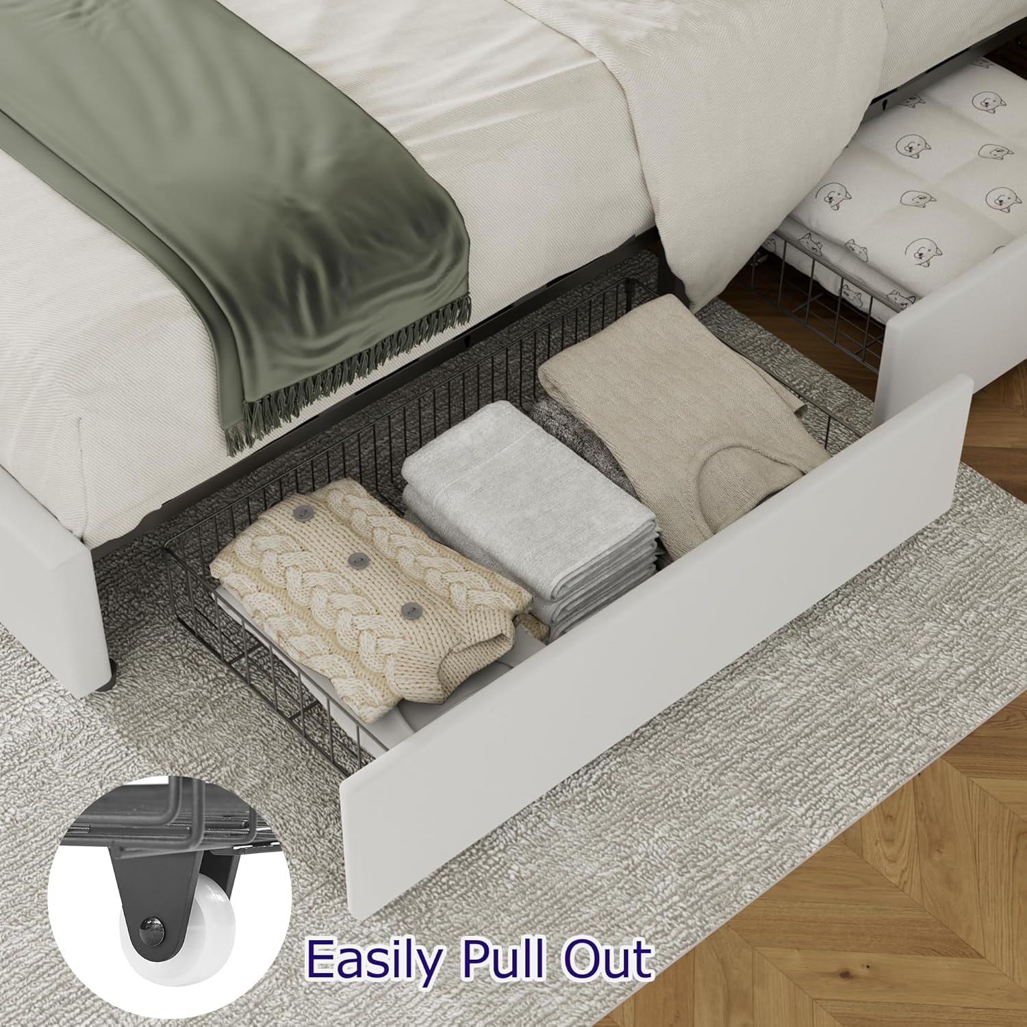 VECELO Upholstered Bed Frame with 4 Storage Drawers and Adjustable Velvet Headboard - VECELO