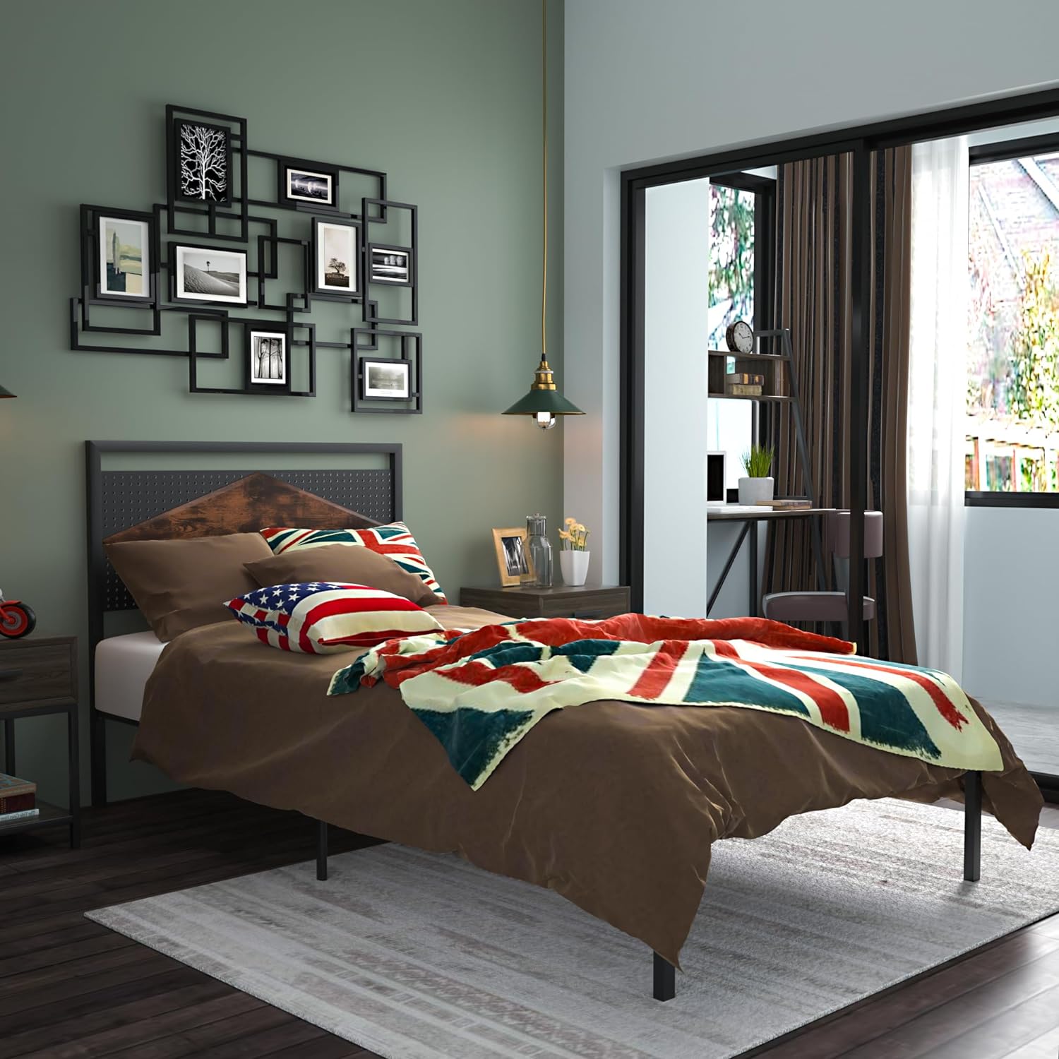 VECELO Metal Bed Frame Platform with Wood Grain Headboard&Footboard - VECELO