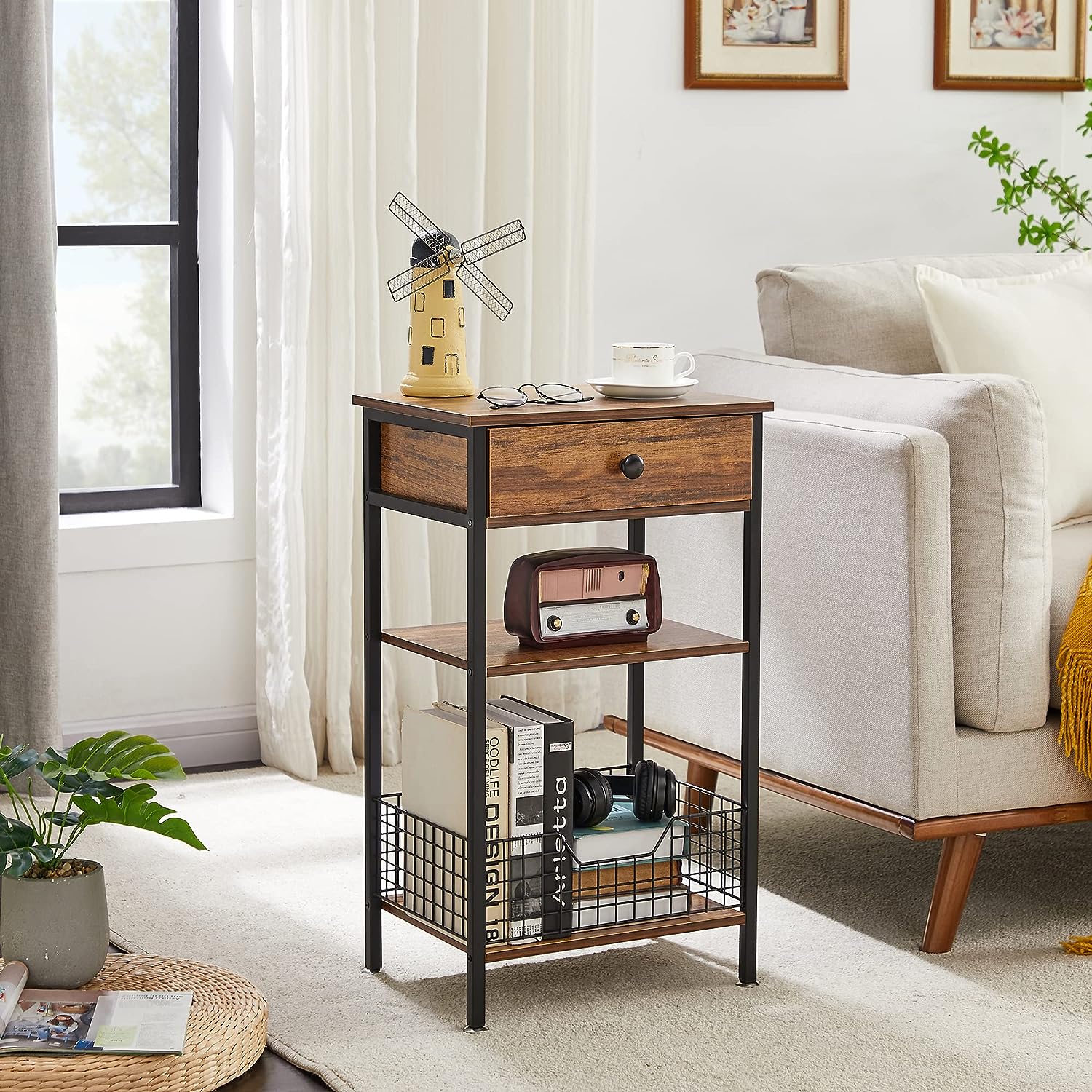 VECELO Tall Side End Tables/3-Tier Bedside Stand with Storage - VECELO