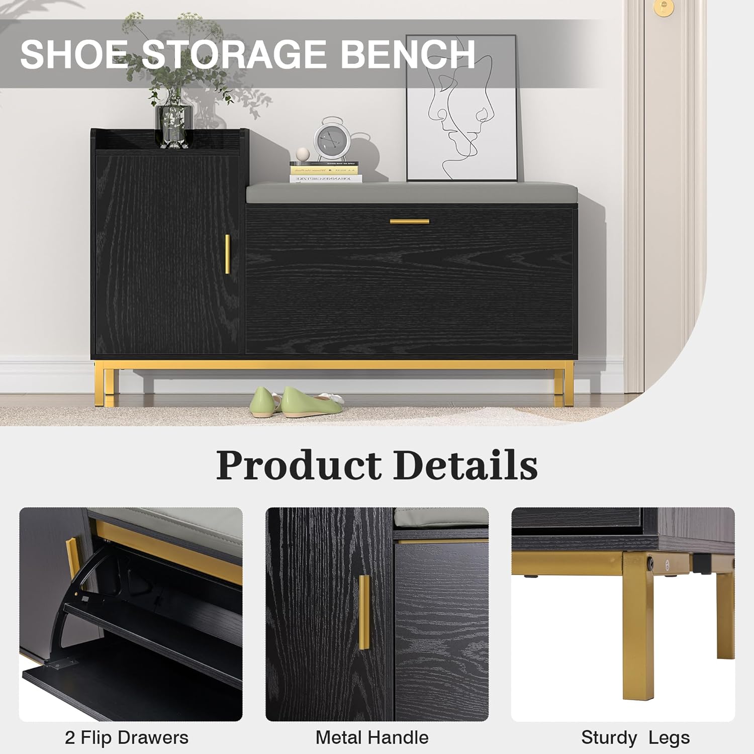 VECELO Shoe Storage Bench with Flip Drawers Entryway Cabinet with Removable Seat Cushion - VECELO