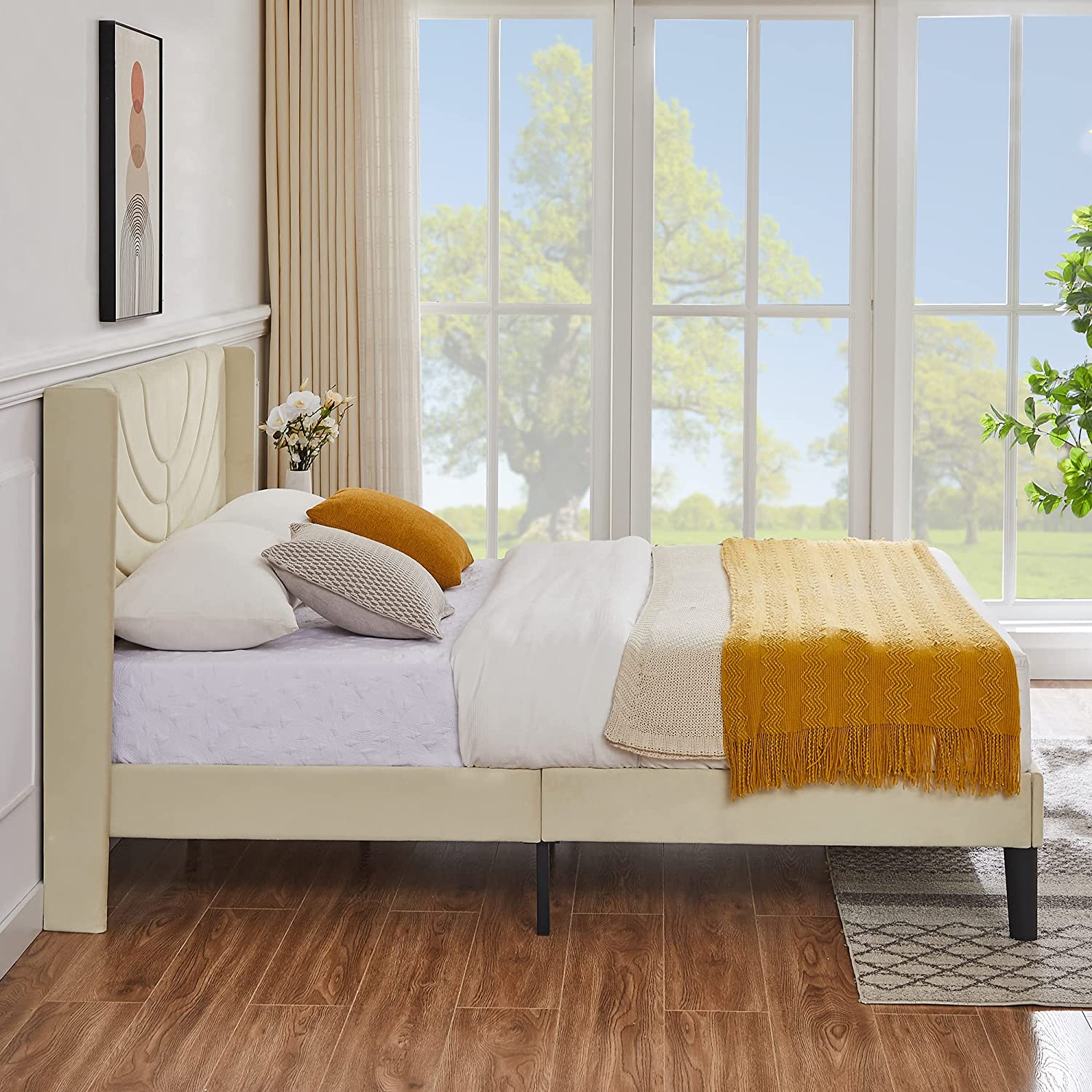 VECELO Upholstered Platform Bed Frame with Adjustable Fabric Headboard - VECELO