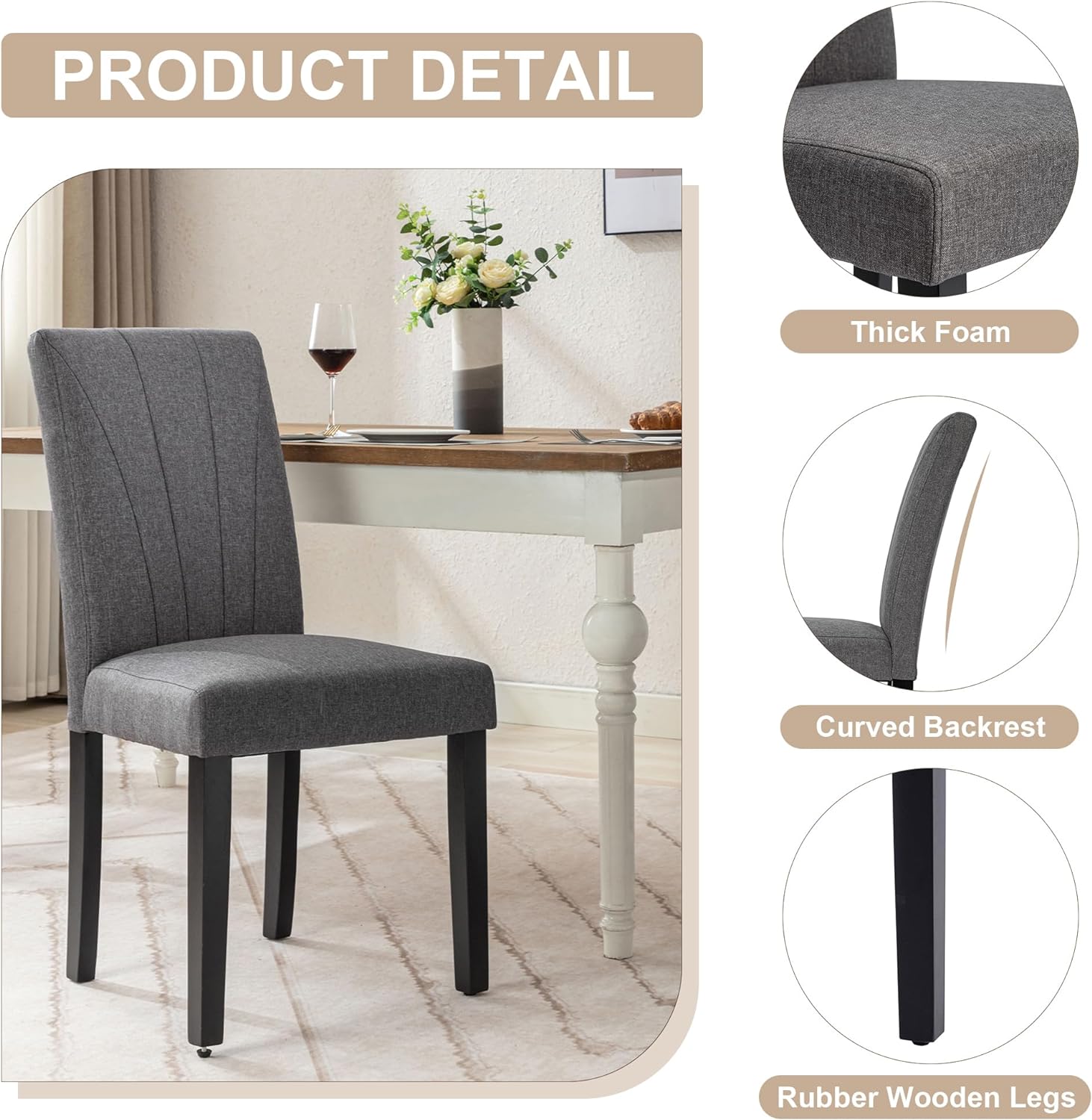 VECELO Set of 2 Upholstered Dining Chairs, Modern Fabric and Solid Wood Legs & High Back - VECELO