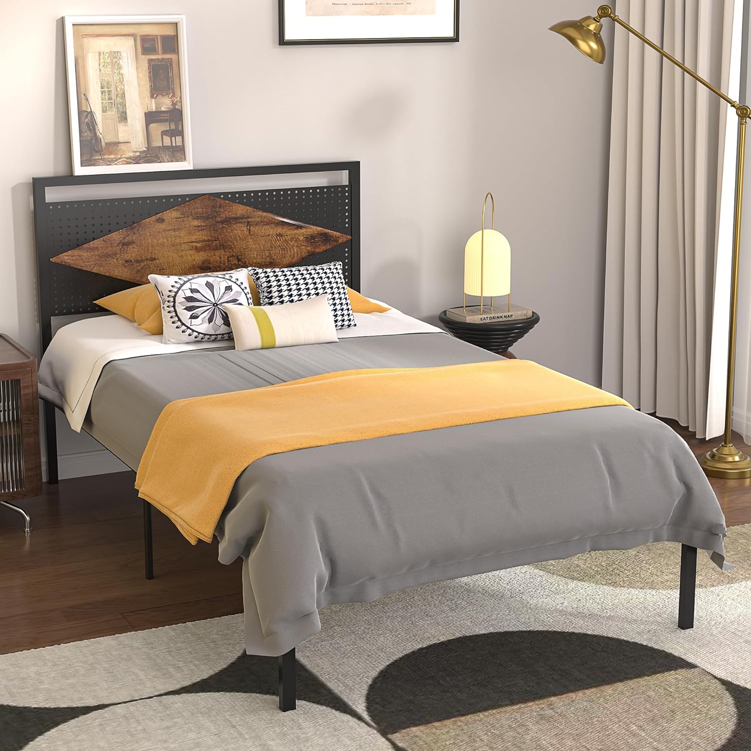 VECELO Metal Bed Frame Platform with Wood Grain Headboard&Footboard - VECELO