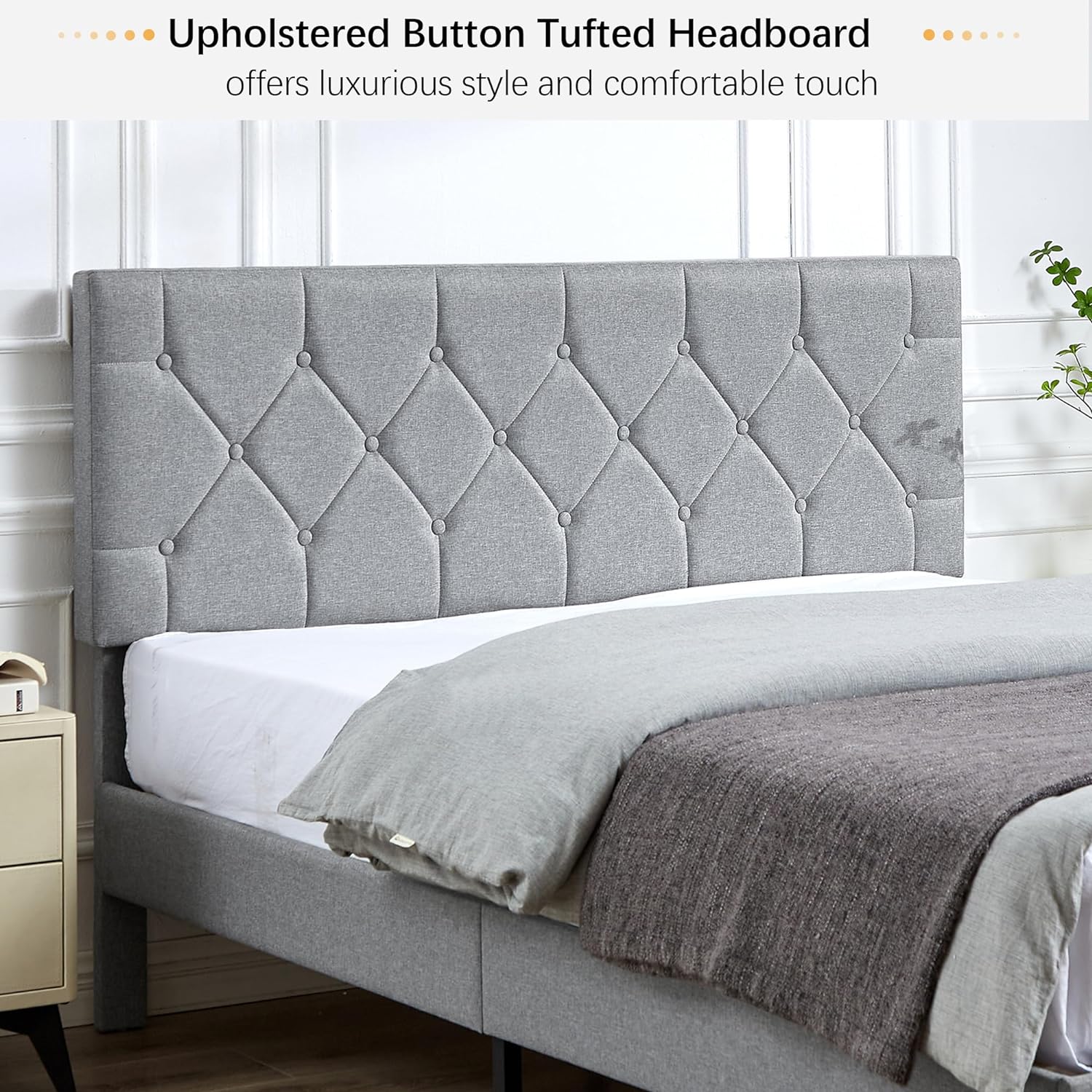 VECELO Bed Frame, Upholstered Platform with Adjustable Diamond Tufted Headboard - VECELO