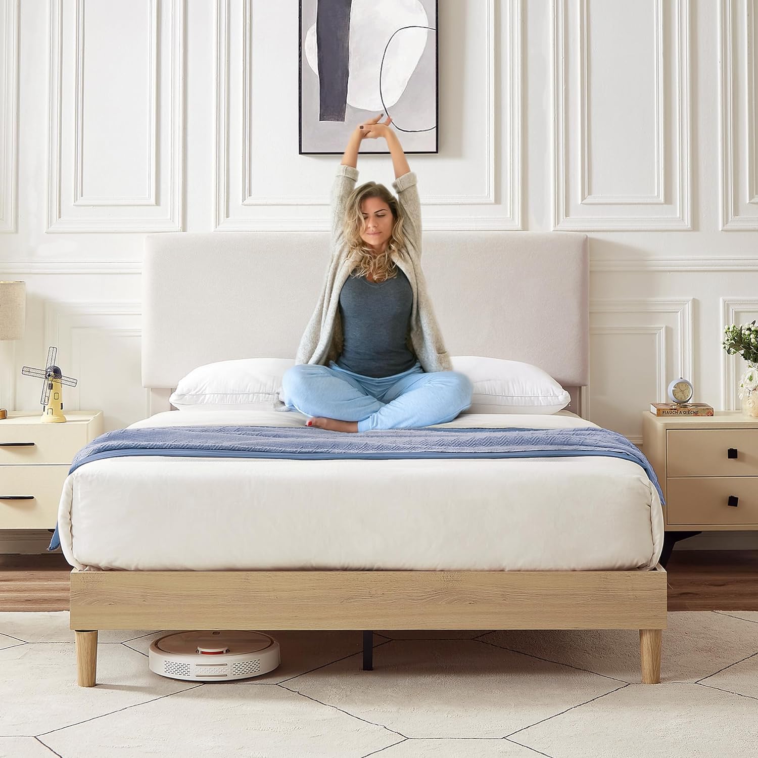VECELO Upholstered Platform Bed Frame with Height-Adjustable Cotton and Linen Headboard - VECELO