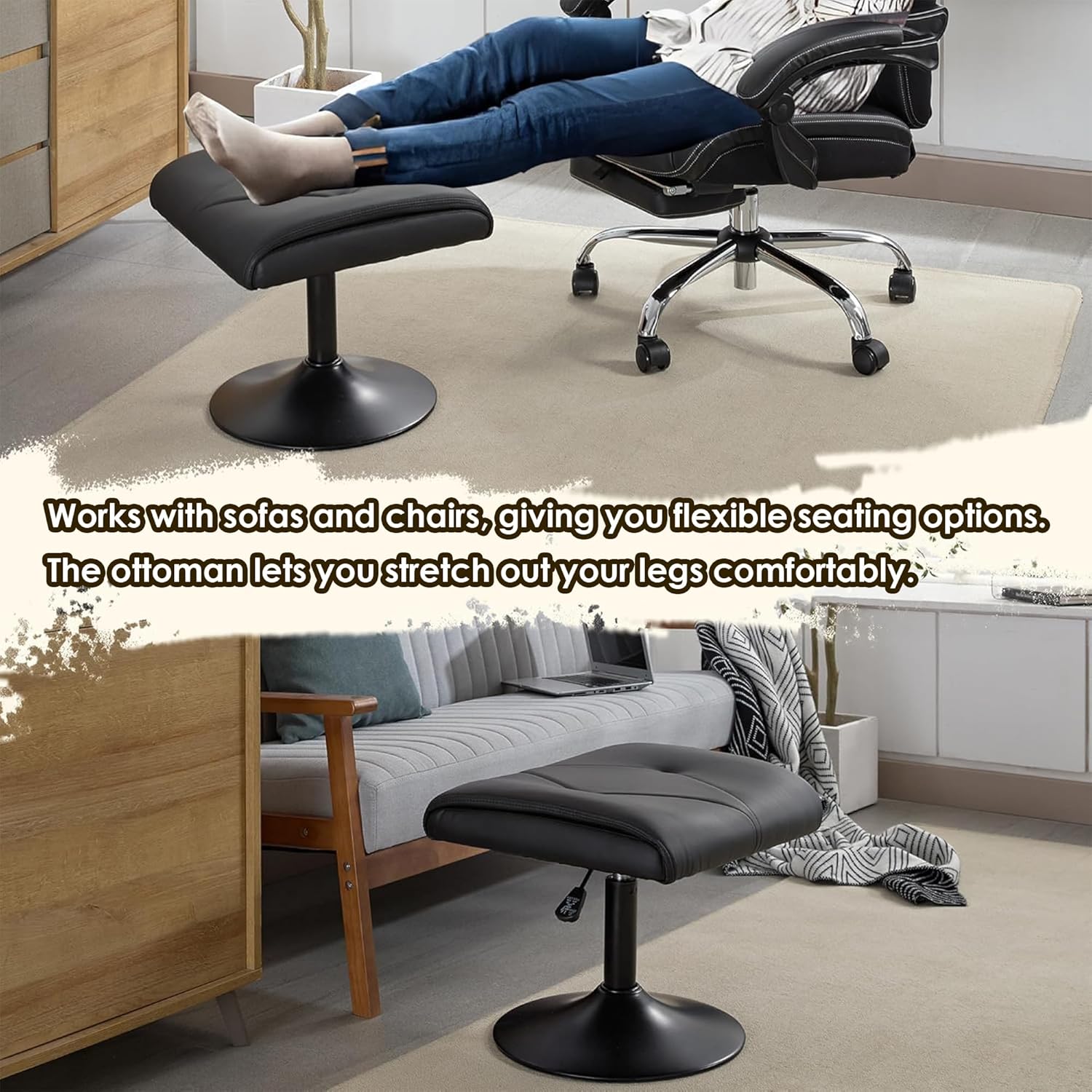 VECELO Foot Rest Under Desk Ottoman, PU Height Adjustable Footrest with Comfort Padding - VECELO