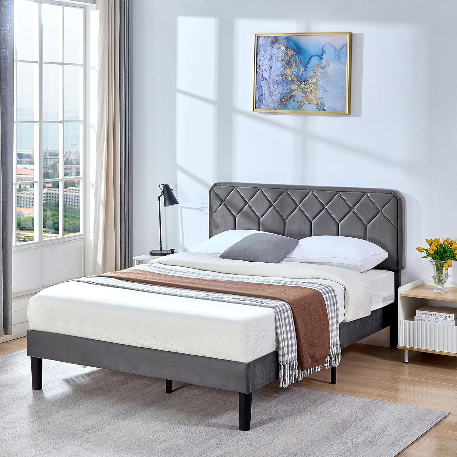 VECELO Premium Leather Upholstered Platform Bed Frame - VECELO