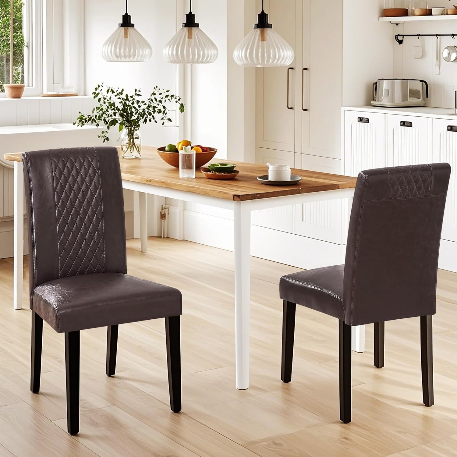 VECELO Dining Chairs Set of 2, Upholstered Fabric Wood Legs High Back for Kitchen Living Room - VECELO
