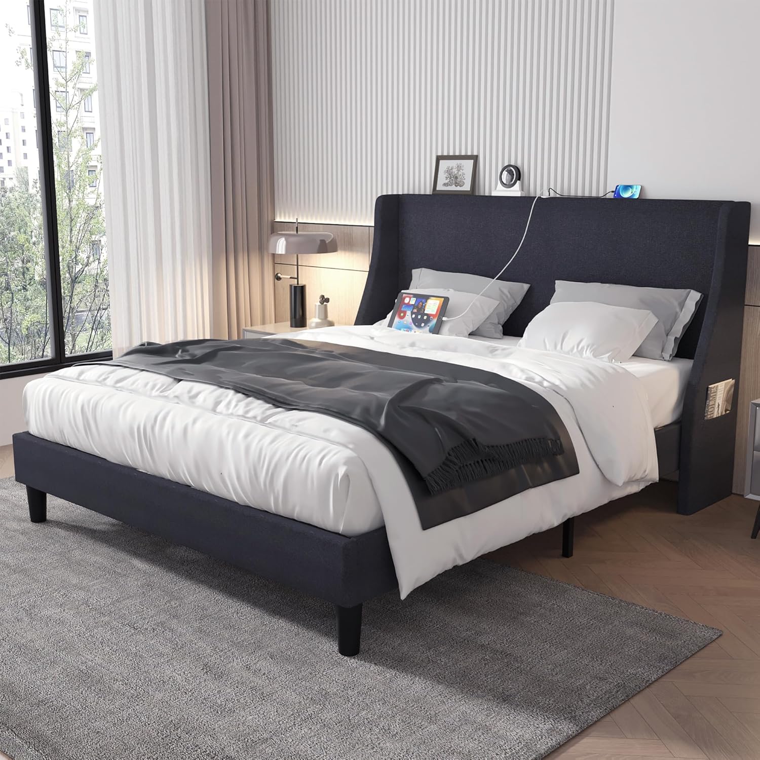 VECELO Bed Frame with Upholstered Wingback Headboard - VECELO