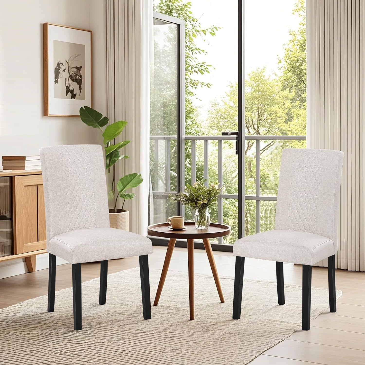 VECELO Dining Chairs Set of 2, Upholstered Fabric Wood Legs High Back for Kitchen Living Room - VECELO