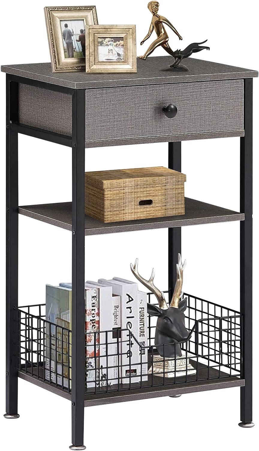 VECELO Tall Side End Tables/3-Tier Bedside Stand with Storage - VECELO