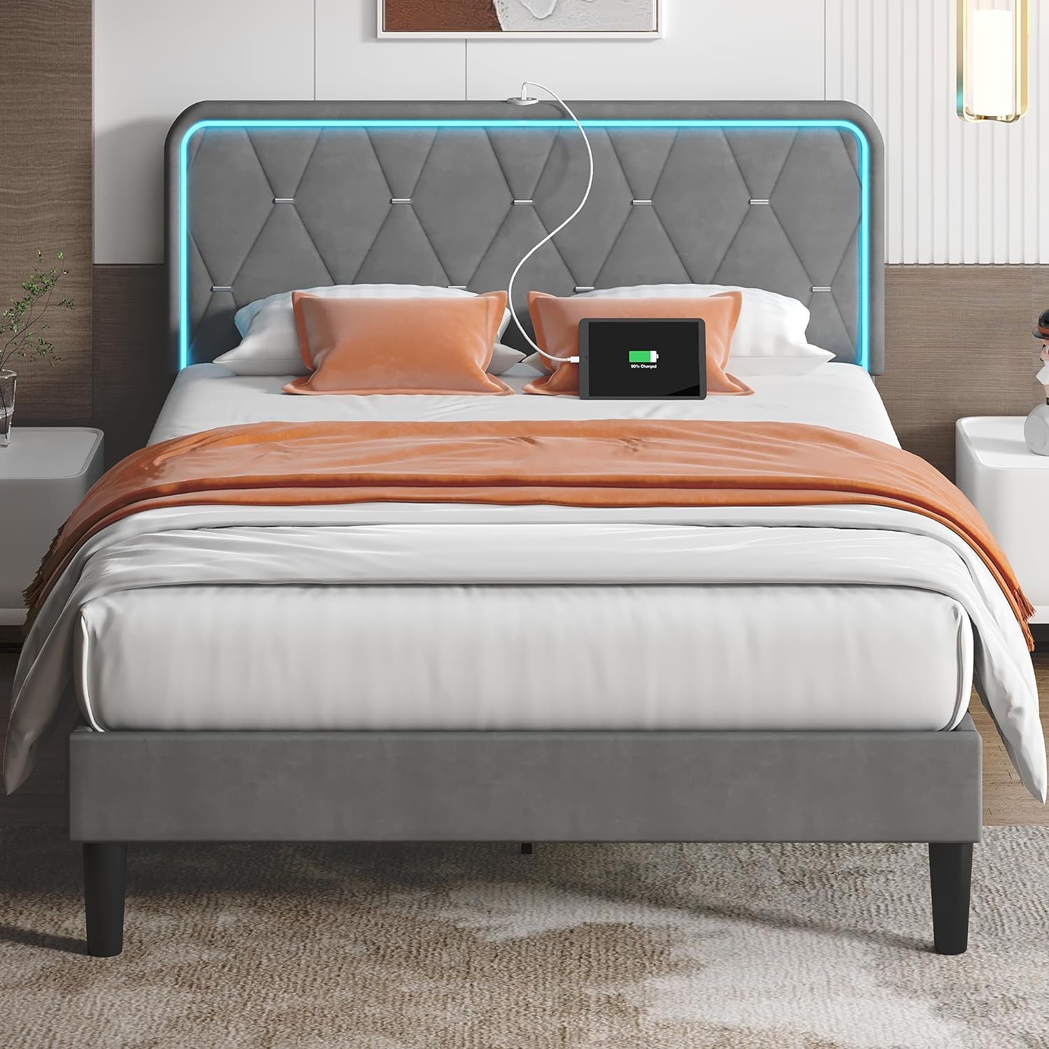 VECELO Upholstered Bed Frame with LED Lights, Charging Station, Velvet Platform Bed - VECELO