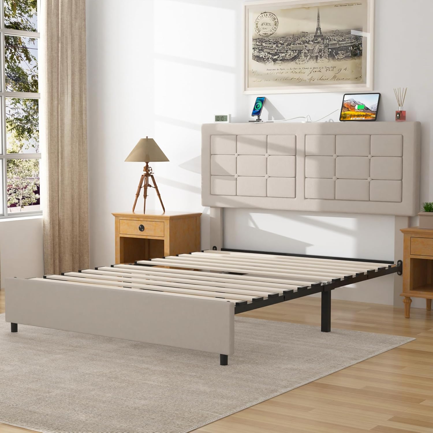 VECELO Bed Frame with 4 Drawers, Adjustable Tufted Button Headboard - VECELO