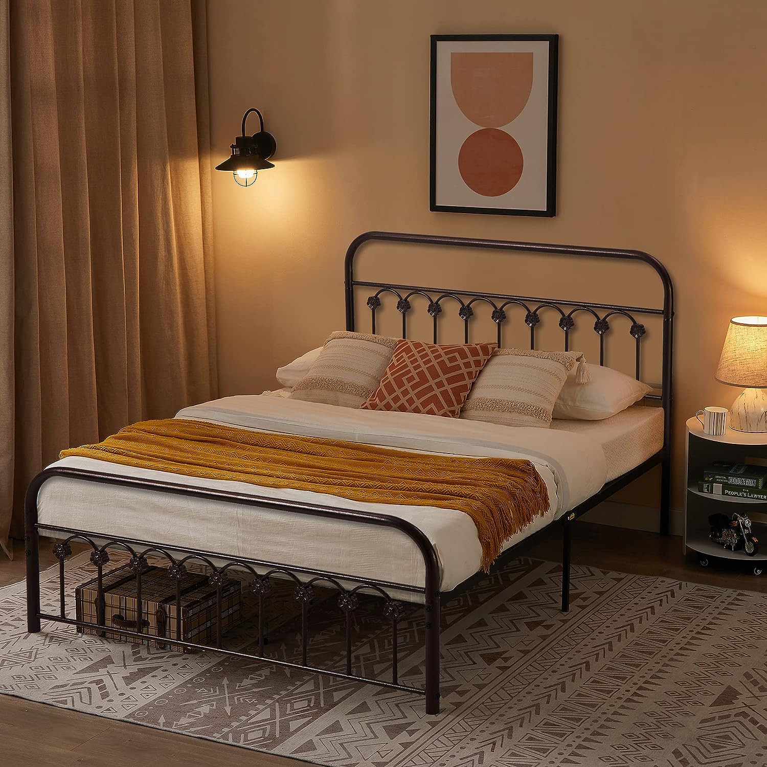 VECELO Metal Bed Frame/Mattress Foundation with Vintage Flower Headboard & Footboard - VECELO