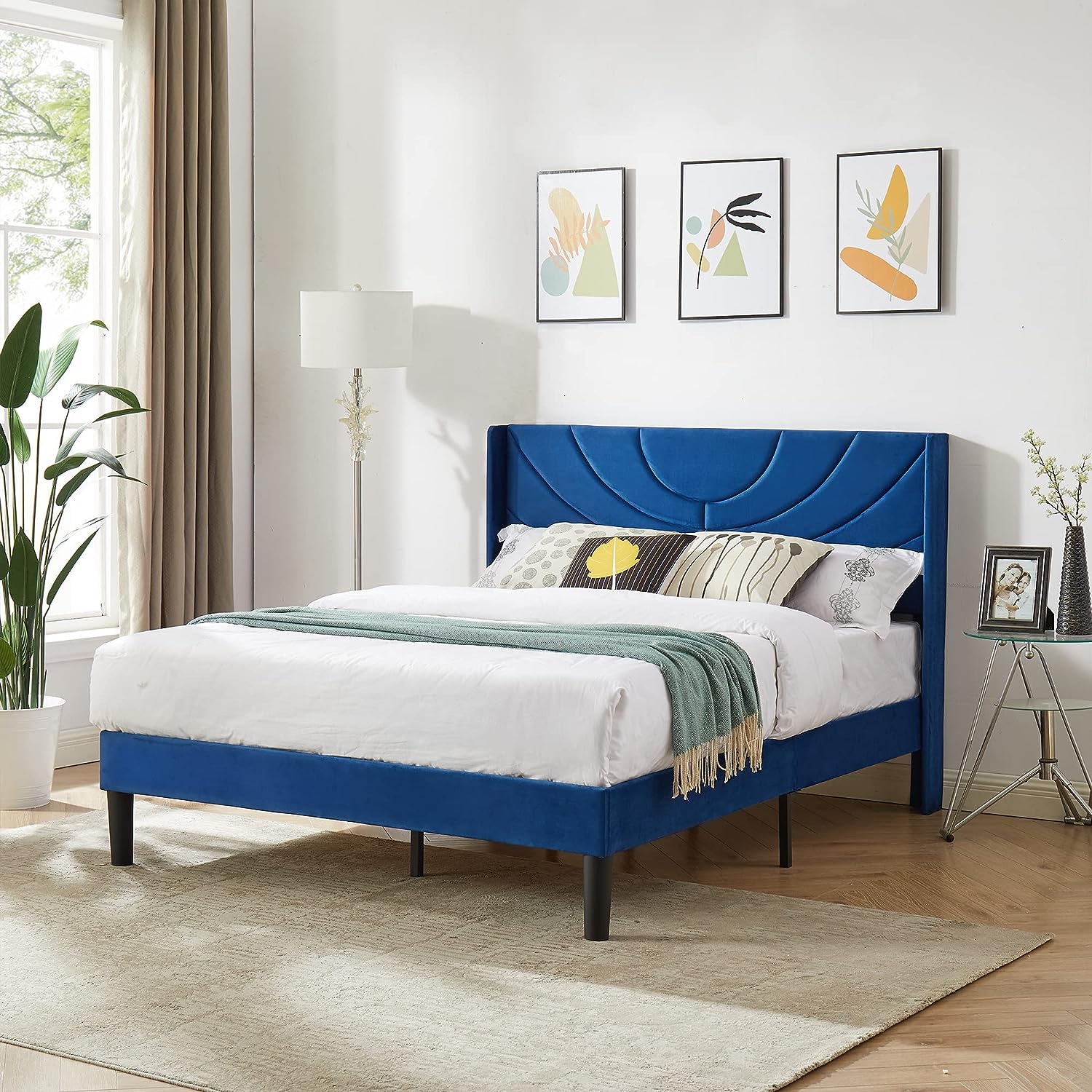 VECELO Upholstered Platform Bed Frame with Adjustable Fabric Headboard - VECELO