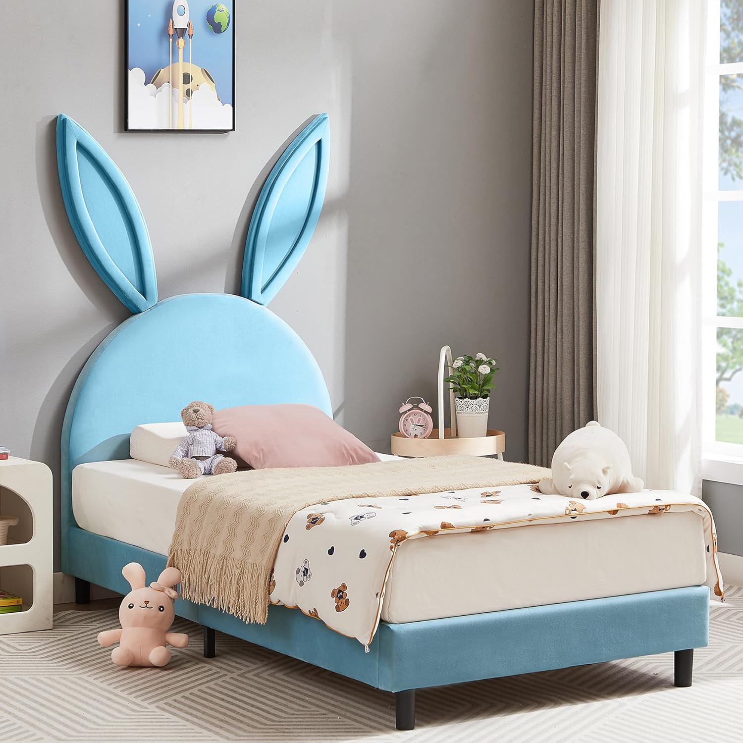 VECELO Kids Twin Bed Frame with Upholstered Headboard - VECELO