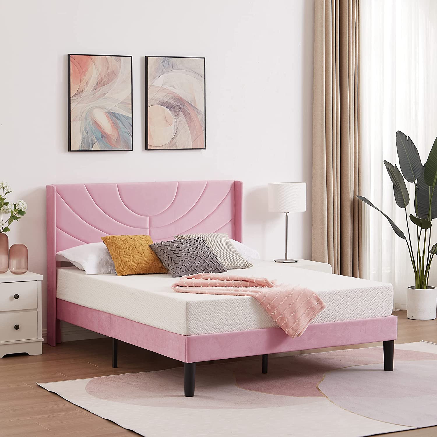 VECELO Upholstered Platform Bed Frame with Adjustable Fabric Headboard - VECELO
