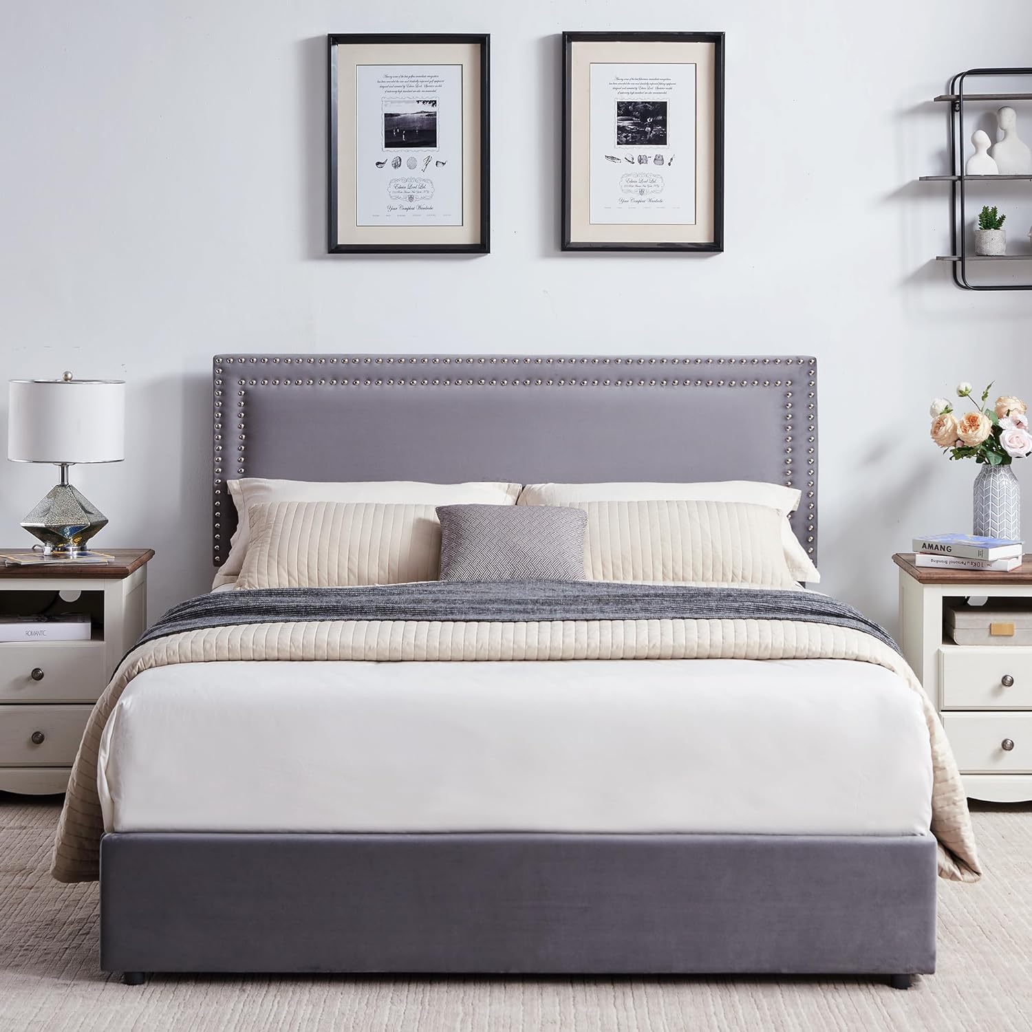 VECELO Upholstered Platform Bed Frame Platform with 4 Storage Drawers - VECELO