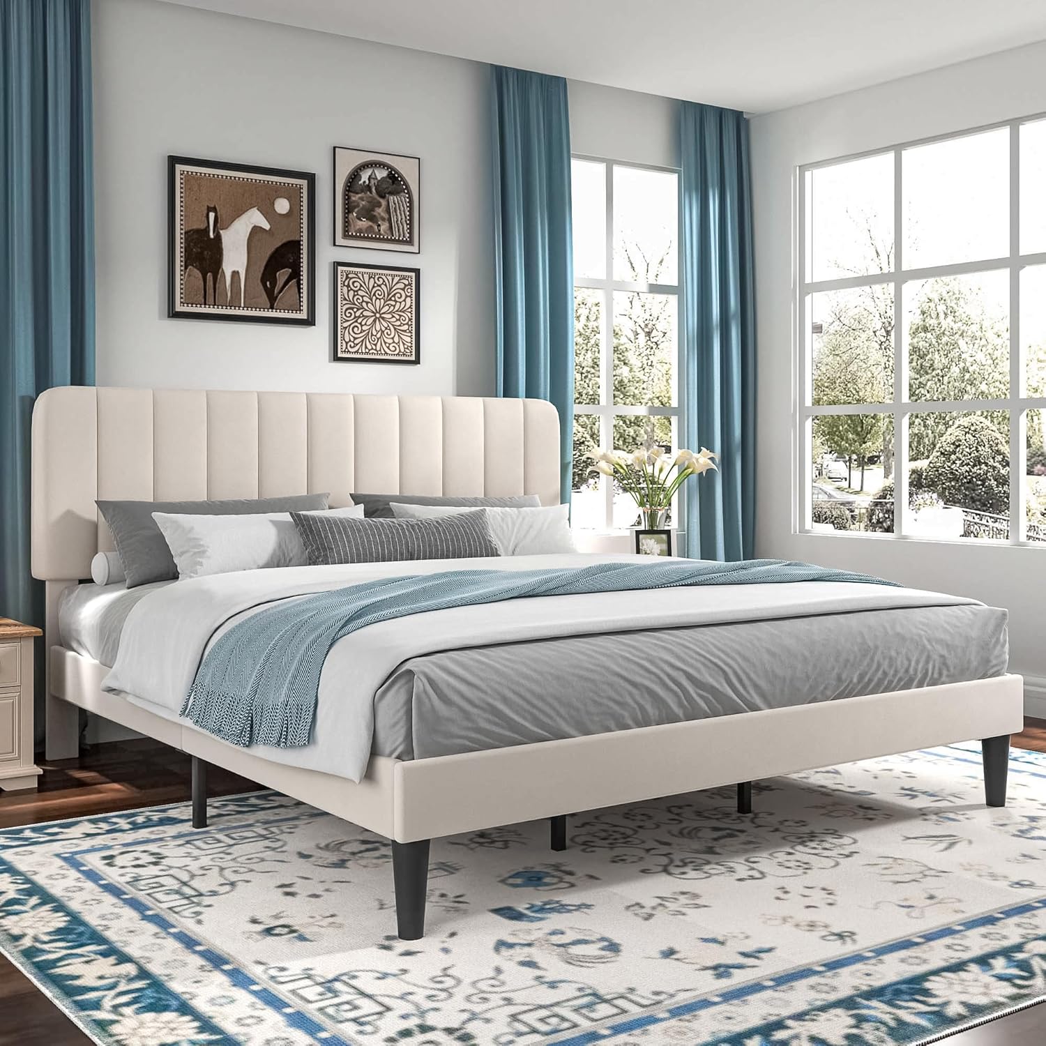 VECELO Upholstered Platform bedframe with Adjustable Headboard - VECELO