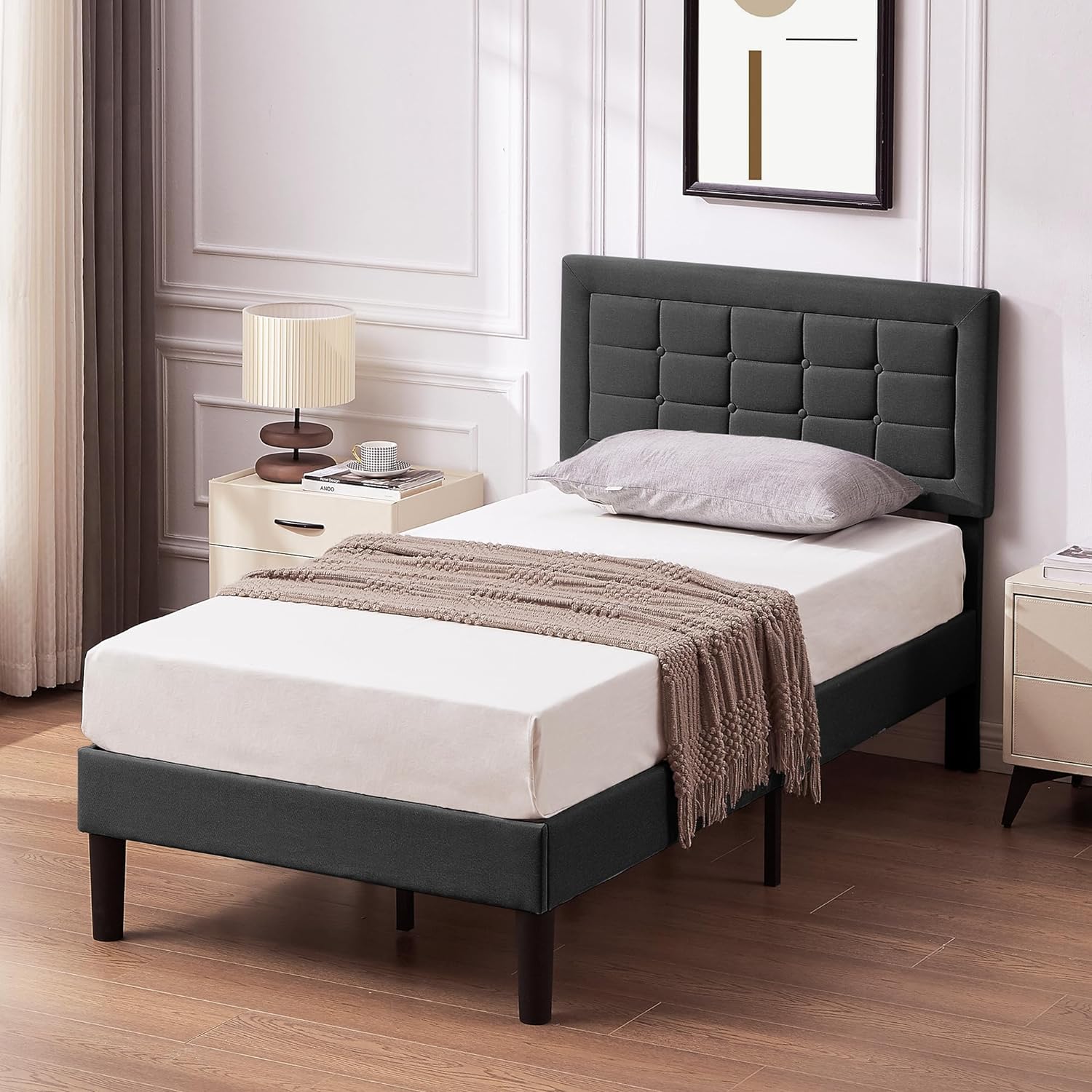 VECELO Upholstered Platform Bed Frame with Height Adjustable Headboard - VECELO