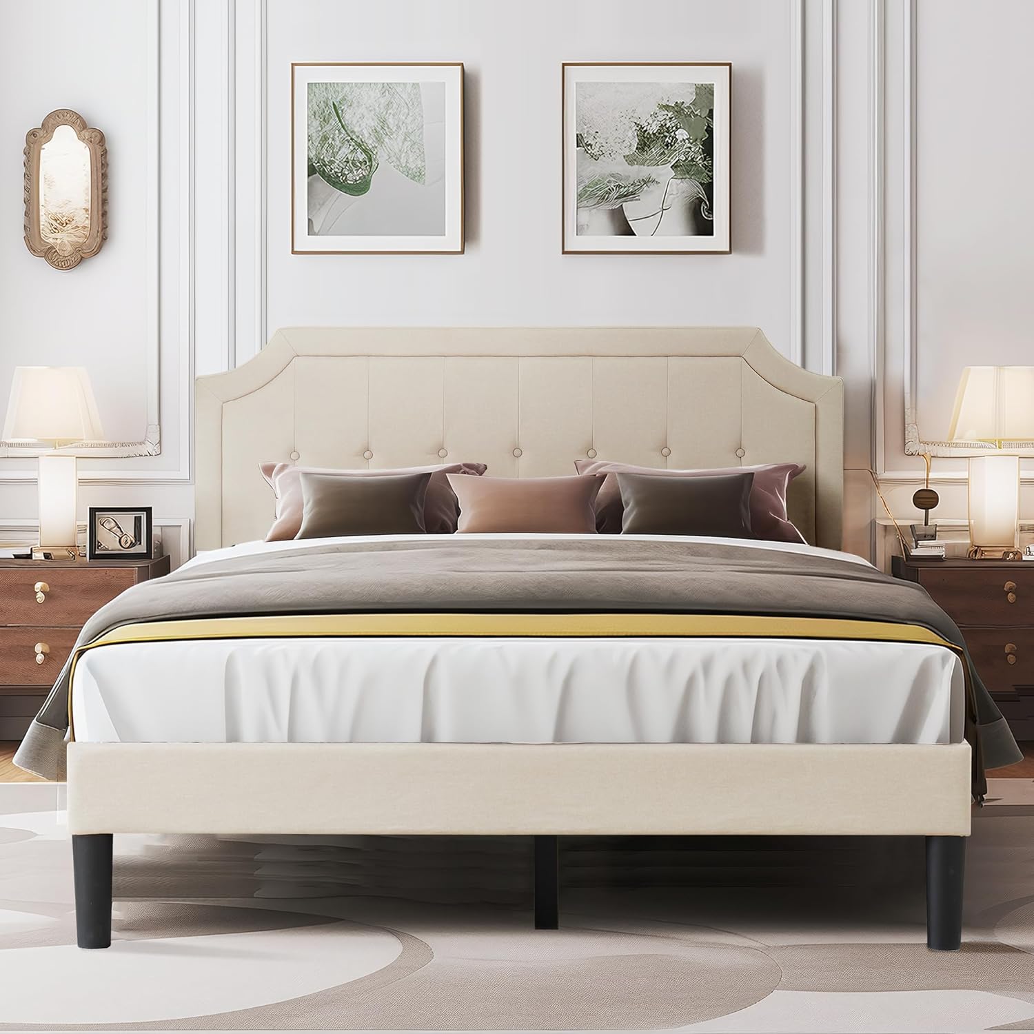 VECELO Premium Upholstered Platform Bed Diamond Stitched Panel Headboard - VECELO
